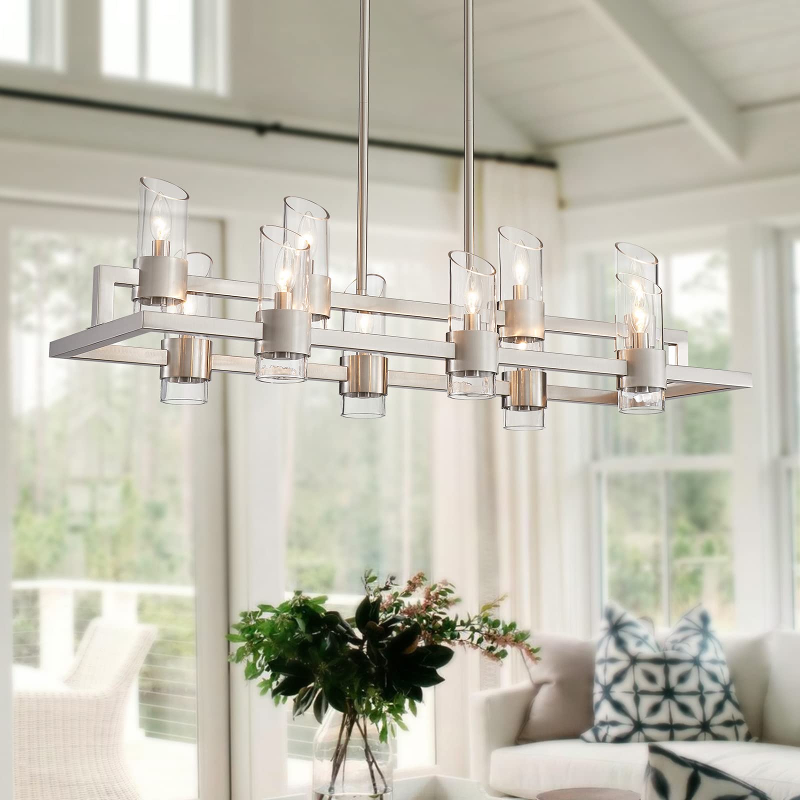 WUZUPS Island Rectangle Chandelier 10-Light with Clear Glass Industrial Modern Farmhouse Linear Light Fixture for Dining Room Kithen Island, Width 42.5" Height 10.4", Brushed Nickel