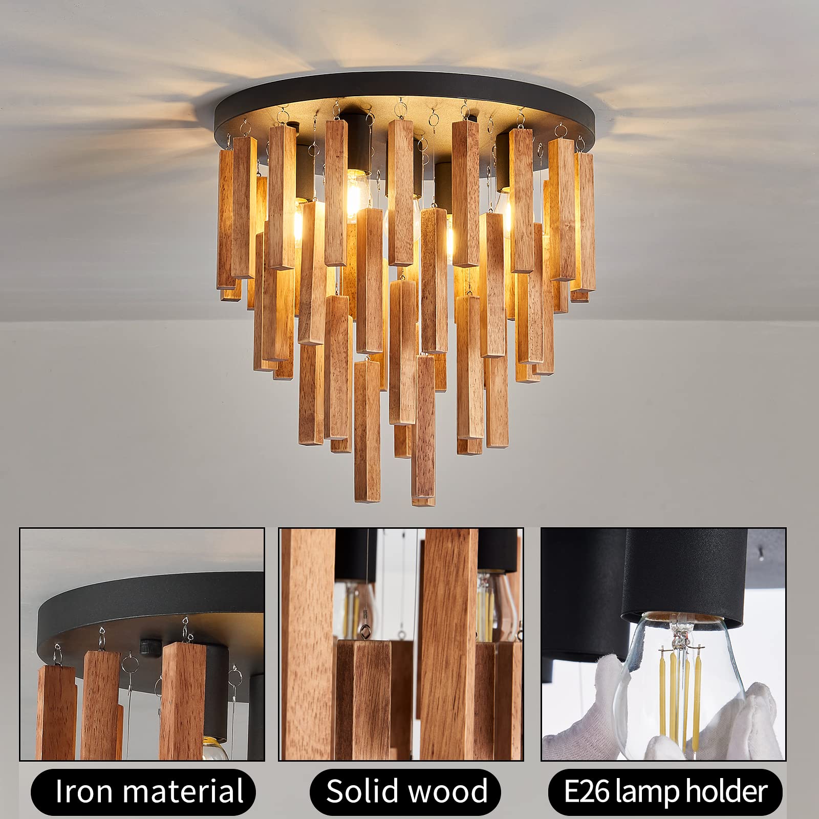 3-Light Semi Flush Mount Ceiling Lights Boho Wood Light Fixture Farmhouse Chandelier Oak and Black Ceiling Lighting with E26 for Kitchen Living Room Entryway Bedroom Dining Room…