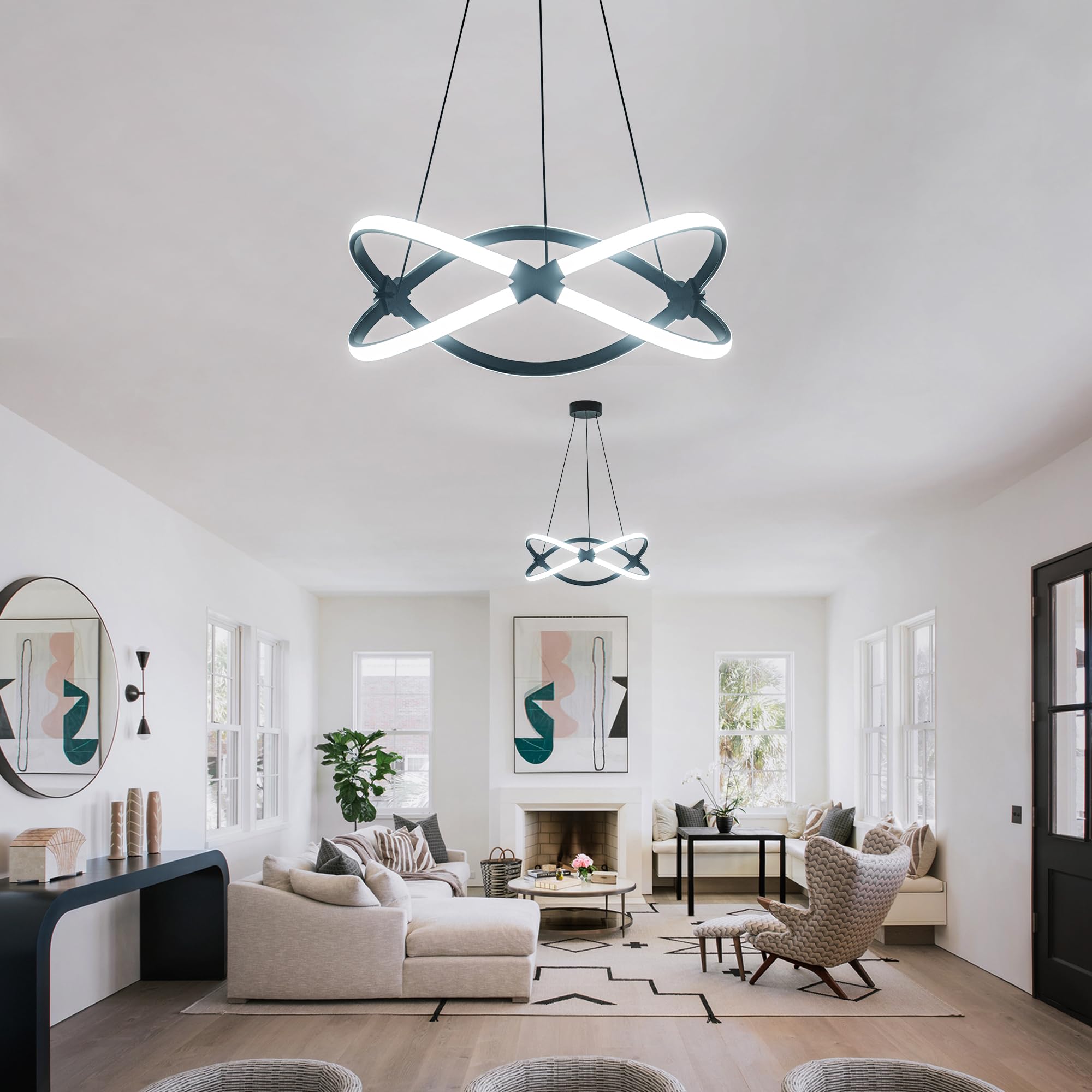 Modern LED Chandelier, Black Pendant Light, Adjustable Height Chandeliers with Circular Ring Shape, Modern Chandeliers for Dining Room Kitchen Island Living Room Bedroom, 6000K Daylight