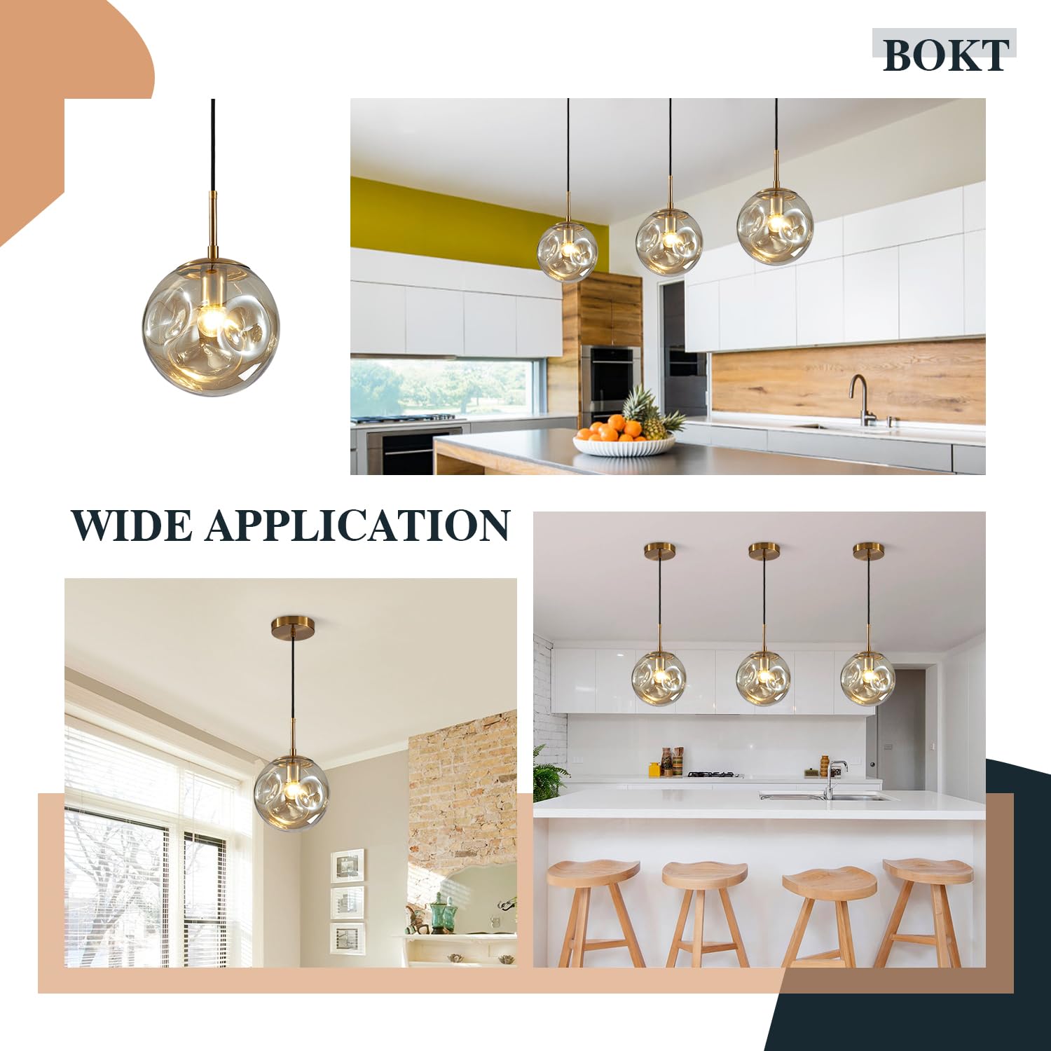 BOKT Modern Gold Kitchen Island Pendant Light Mid Century 3-Lights Globe Pendant Light Fixture Cluster Multi Light Pendant Lighting Bedside Glass Ball Pendant Lamp