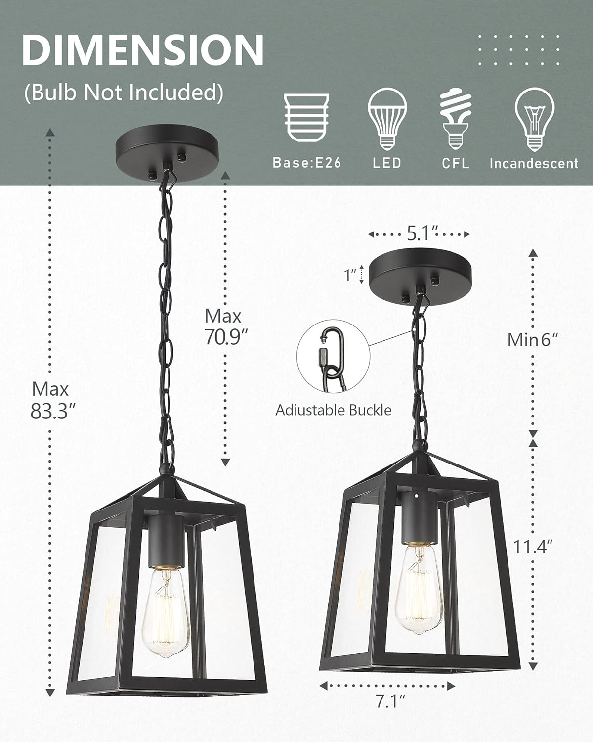 Outdoor Pendant Lights for Porch,Exterior Hanging Light Fixtures,Outdoor Lantern Pendant Light in Textured Black Finish w/Clear Glass Panel - 2451-1H