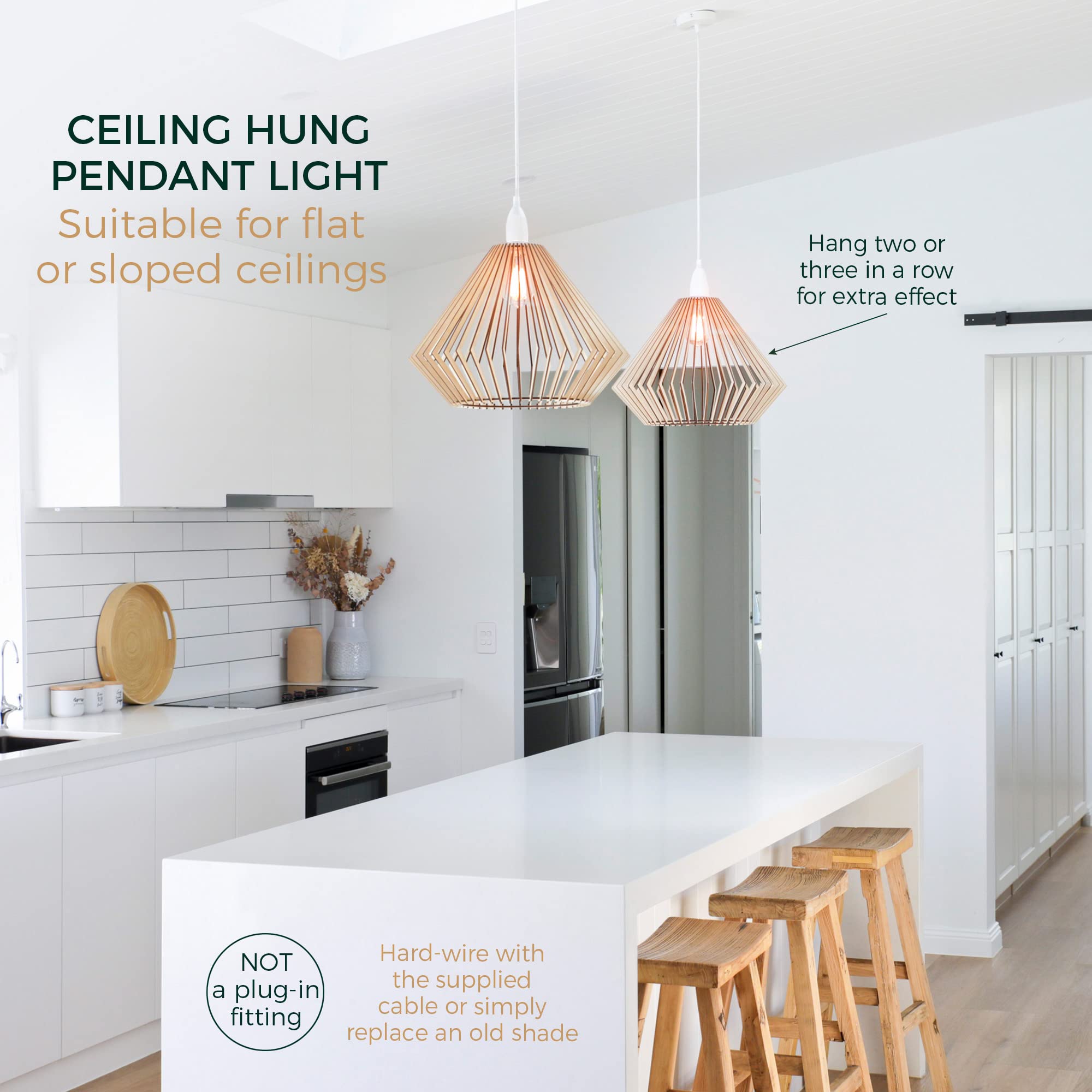 Wood Pendant Light - Easy-to-Assemble Ceiling Chandelier - Modern Boho Hanging Lamp Lighting Fixture for Dining, Kitchen, Bedroom, Living Room - Adjustable Nylon Cord, Uses Standard Bulb