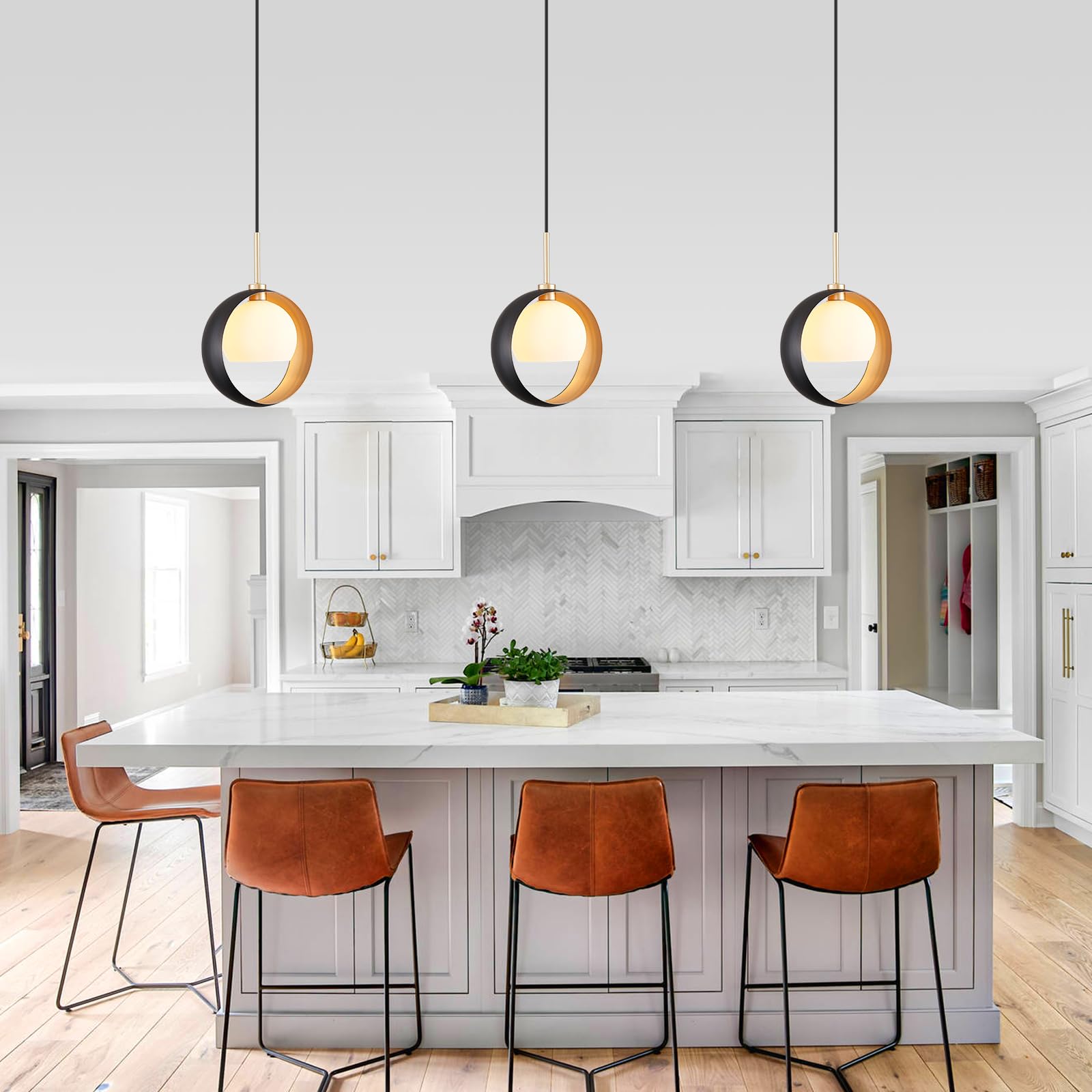 Mid Century Modern Pendant Light, White and Glod Kitchen Island Pendant Light Fixtures, Mini Glass Globe 1 Light Hanging Lighting Chandelier for Bedroom, Hallway, Foyer(Bulb Not Included)