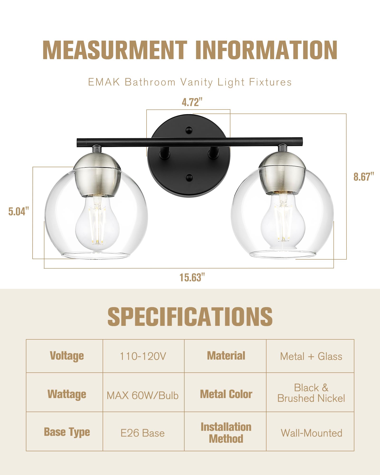 Black Vanity Lights for Mirror, Modern Farmhouse 2-Light Bathroom Light Fixtures Globe Bathroom Vanity Light with Milk Glass Shade, VL114-BK-ML-2