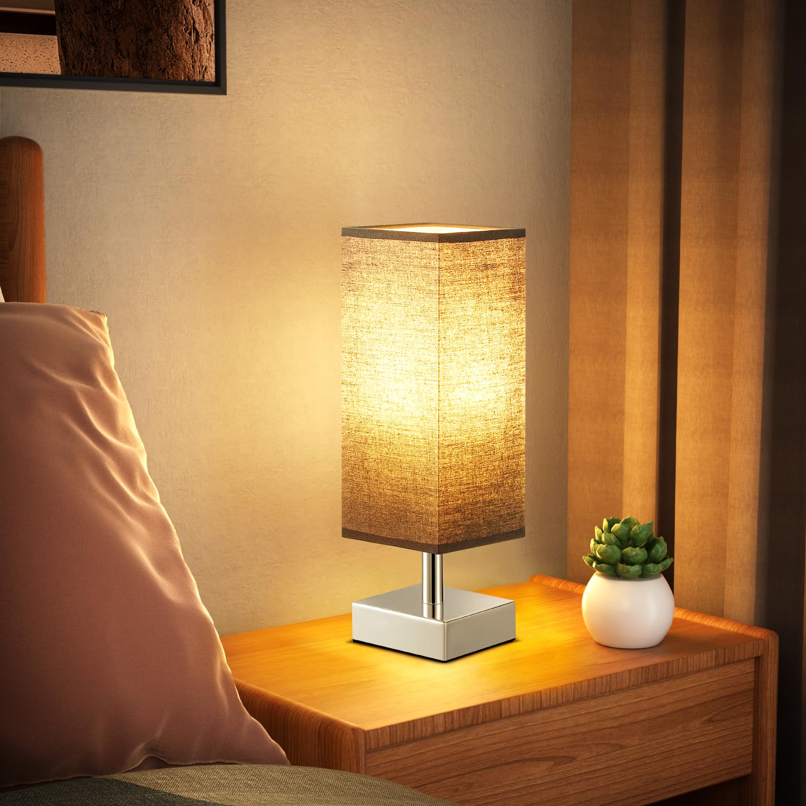 Small Table Lamp for Bedroom - Bedside Lamps for Nightstand, Minimalist Night Stand Light Lamp with Square Fabric Shade, Desk Reading Lamp for Kids Room Living Room Office Dorm