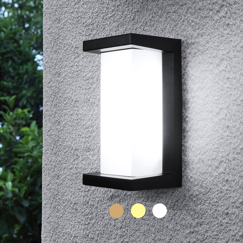 Modern Outdoor Wall Lights,24W-LED Exterior Wall Sconce Light Fixtures,3-Color-Changeable Wall Mounted Lamps,Matte Black Porch&Patio Light,IP65 Waterproof for Hallway Stairs Gardens