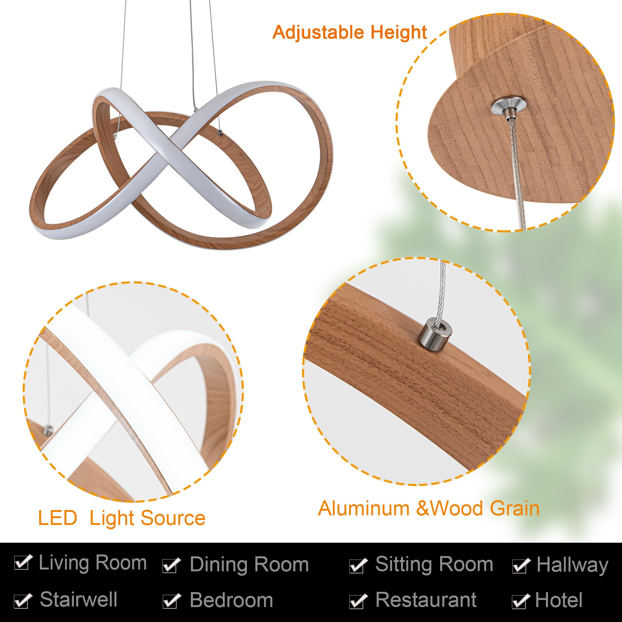 Modern LED Chandelier, LED Pendant Light in Wood Finish, Adjustable Height Chandeliers with Irregular Ring, Modern Chandeliers for Dining Room Kitchen Island Living Room Bedroom, 6000K Daylight