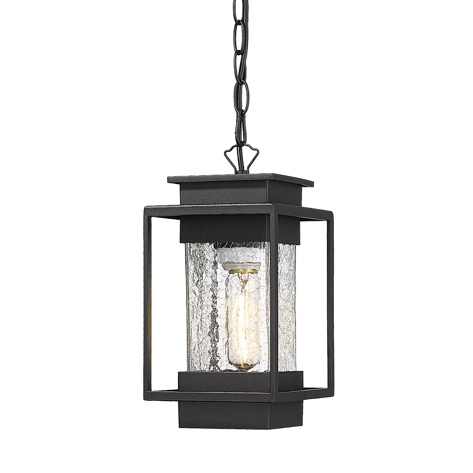 Outdoor Indoor Pendant Light Exterior Hanging Lantern, 11.4" Modern Outside Ceiling Chandelier for Front Porch Entrance Foyer Entryway, Aluminum, Crack Glass, G6001/1H-SBK