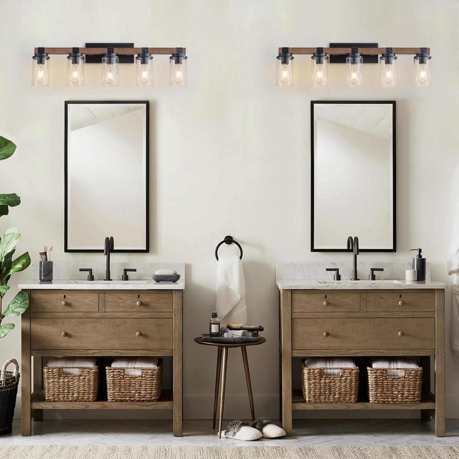 Farmhouse Bathroom Light Fixture Wood Black Vanity Lighting 2-Light Wooden Wall Sconce Industrial Rustic Wall Light Fixtures Over Mirror with Clear Glass Shade for Bathroom Hallway Kitchen Bedroom