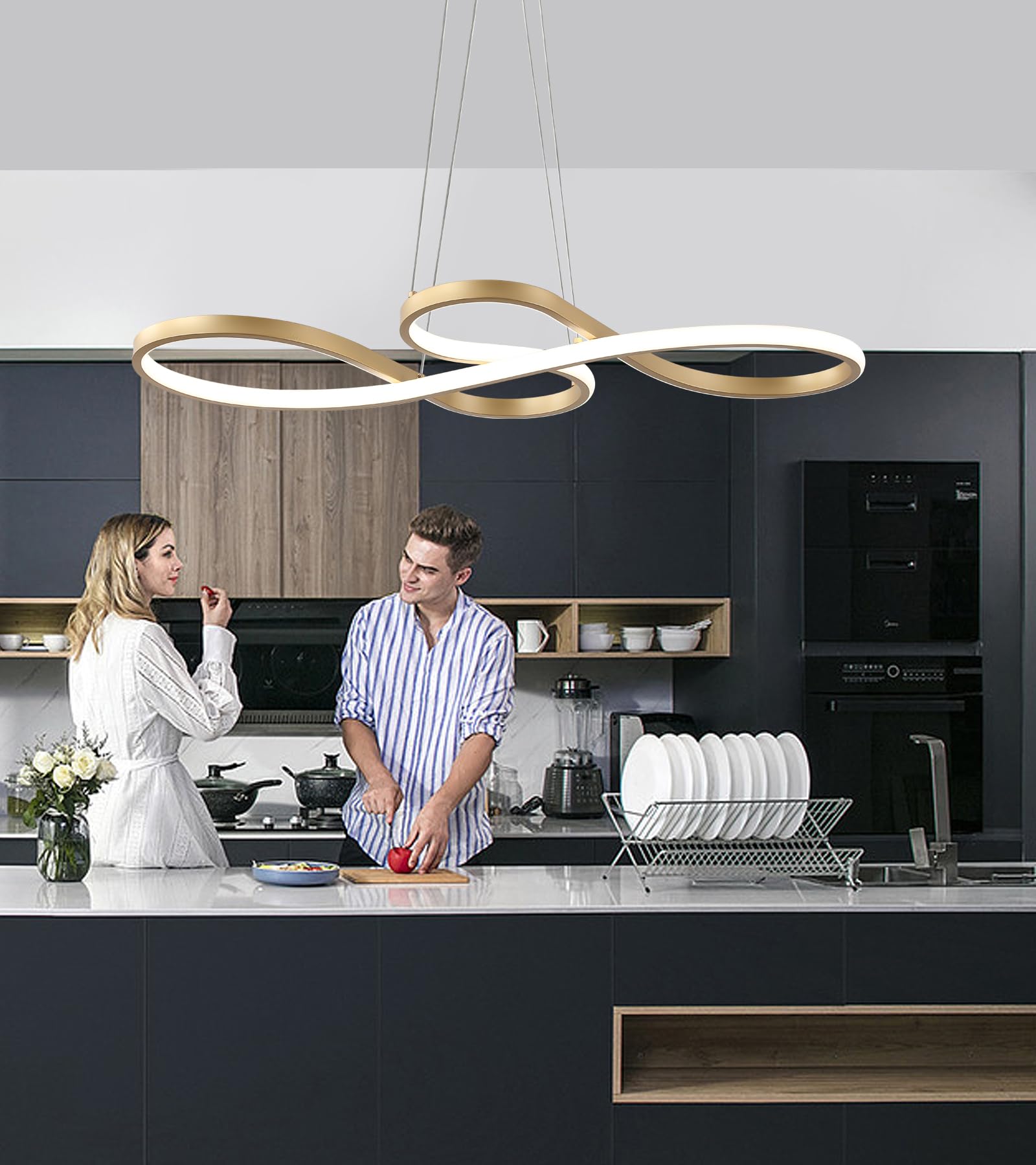 Modern Led Chandelier Black Contemporary Dimmble 4 Lights with Remote for Dining Room Kitchen Island Bar Living Room Office