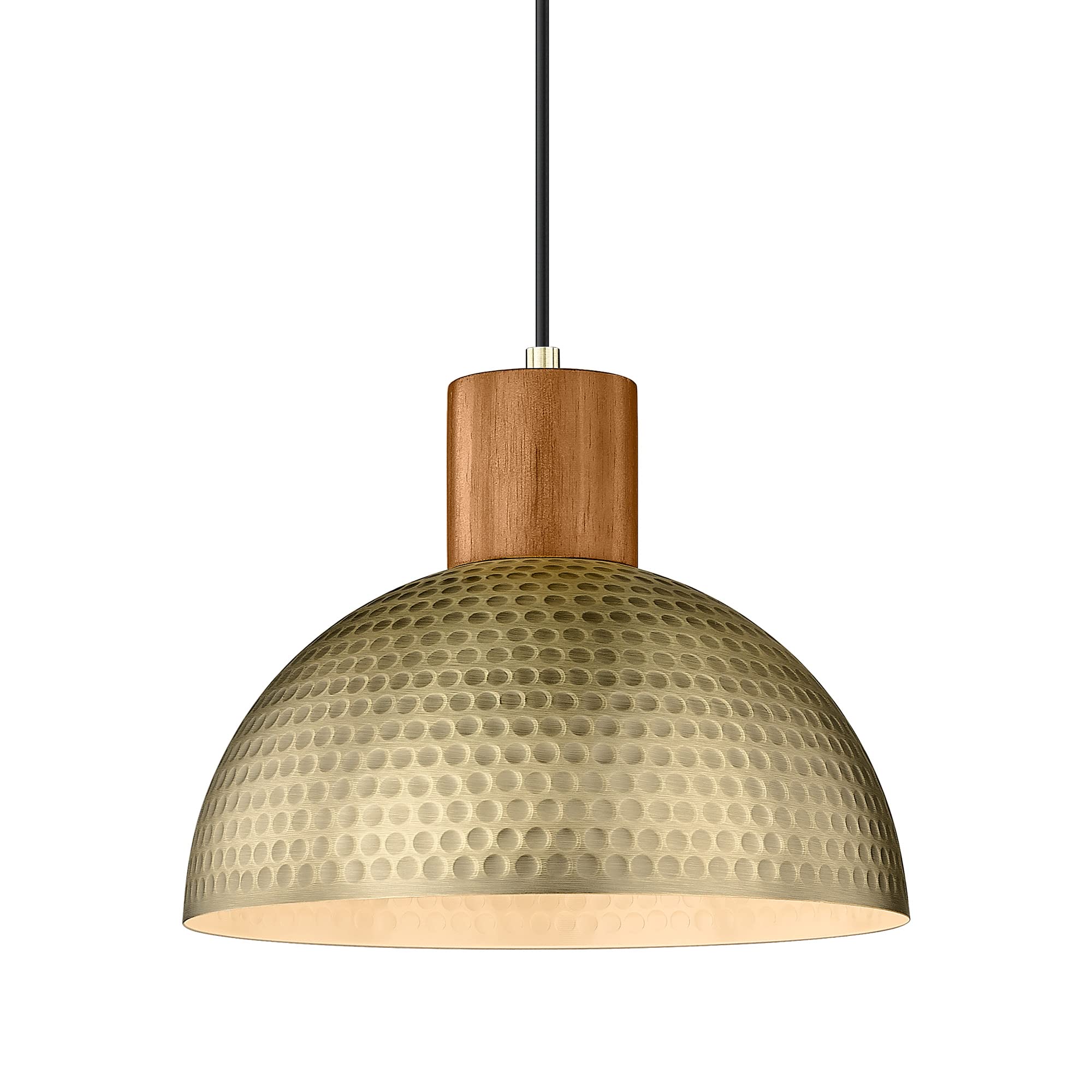 ELYONA Vintage Pendant Light Fixtures, 12” Brushed Brass Hammered Metal & Rubber Wood Industrial Dome Hanging Lamp, Antique Gold Kitchen Pendant Light for Island, Farmhouse, Sink, Dining Room, Hallway