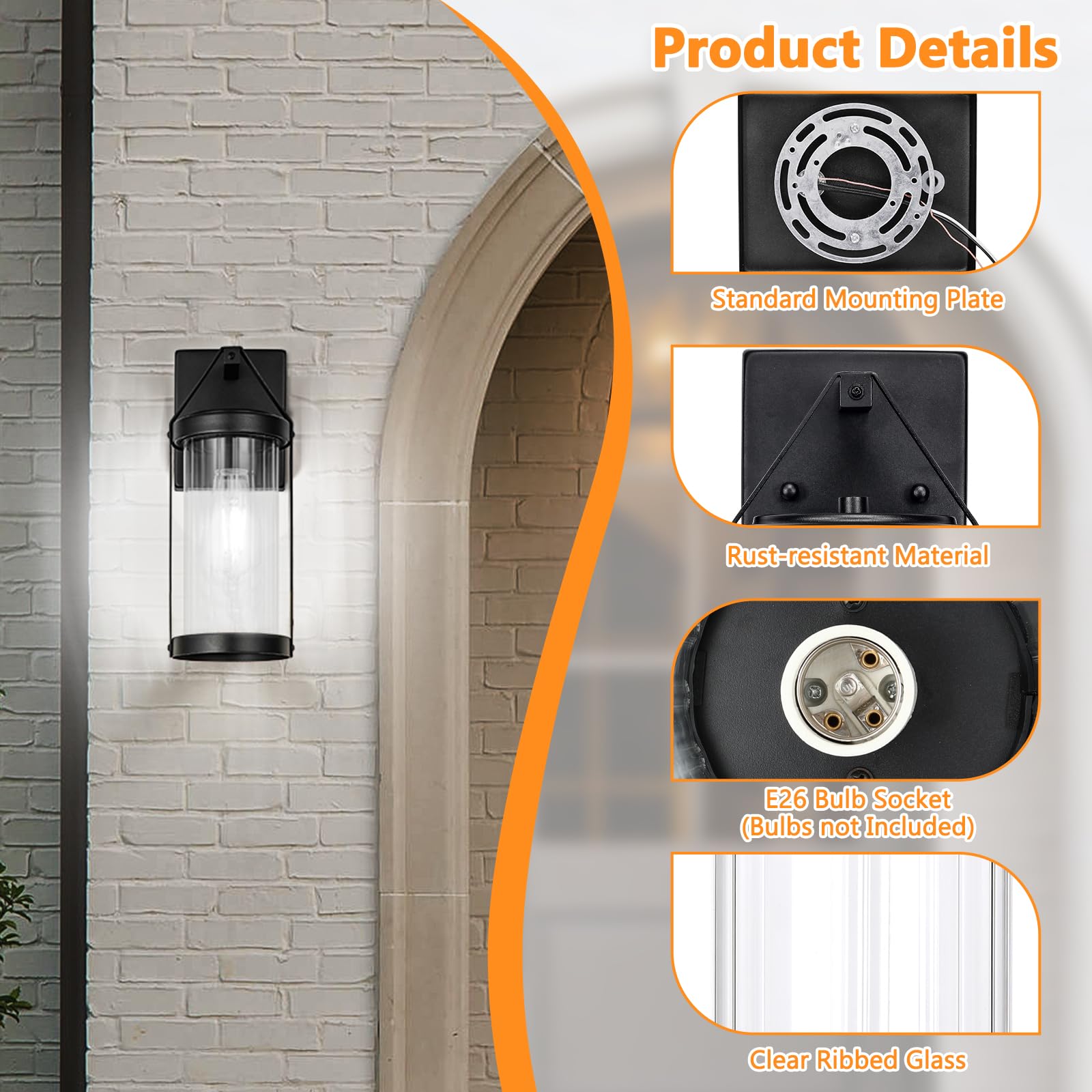 Outdoor Wall Light Fixtures, Waterproof Exterior Wall Sconce Porch Lights, Matte Black Outdoor Wall Lantern with Clear Ribbed Glass, Outside Wall Mount Lighting for House, Garage, Front Door, 2-Pack