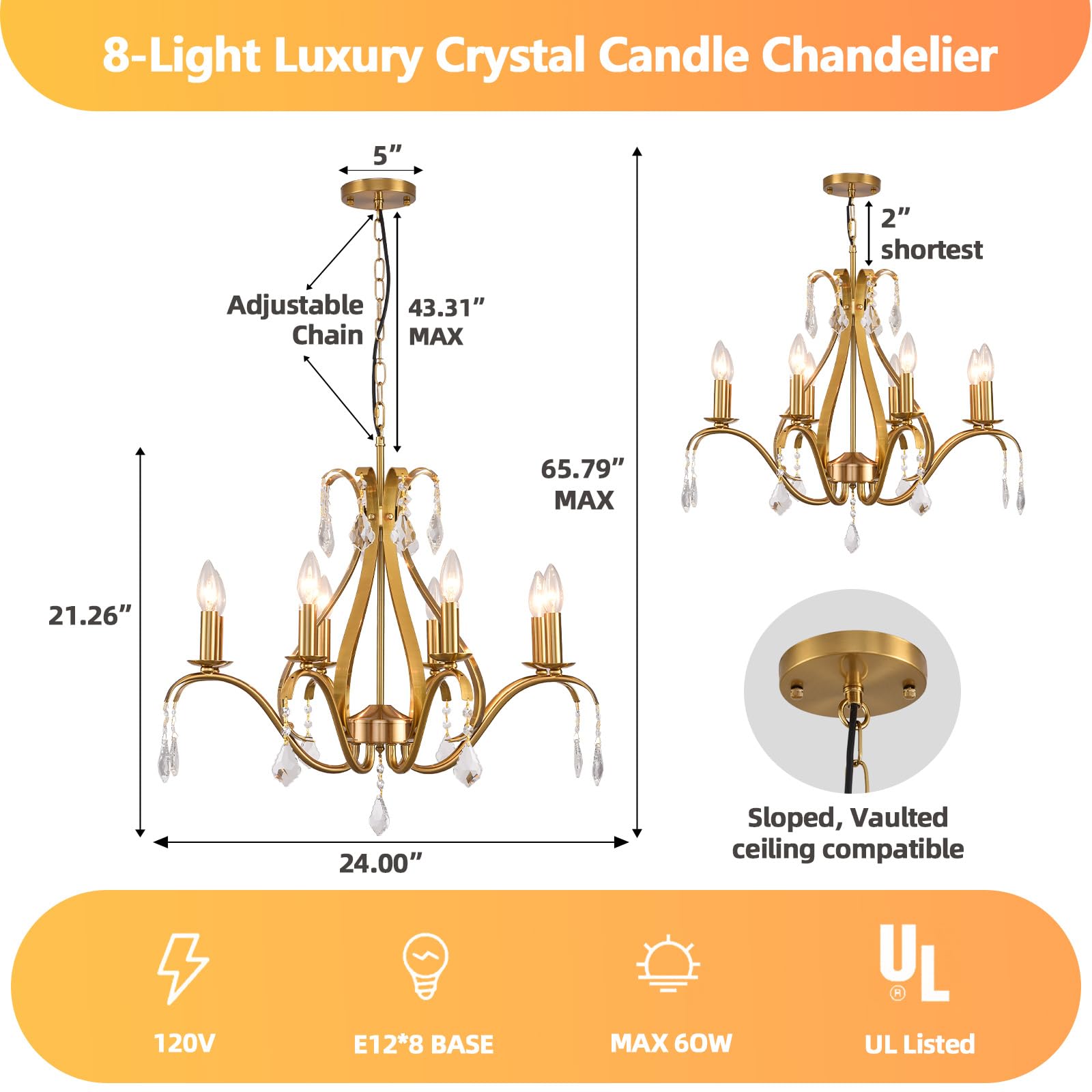 Gold Chandelier Light Fixtures Farmhouse: Modern Chandeliers for Dining Room, 8-Light Gold Crystal Chandelier, Foyer Chandeliers for High Ceilings, for Entryway,kitchen,Bedroom,Living Room,Staircase