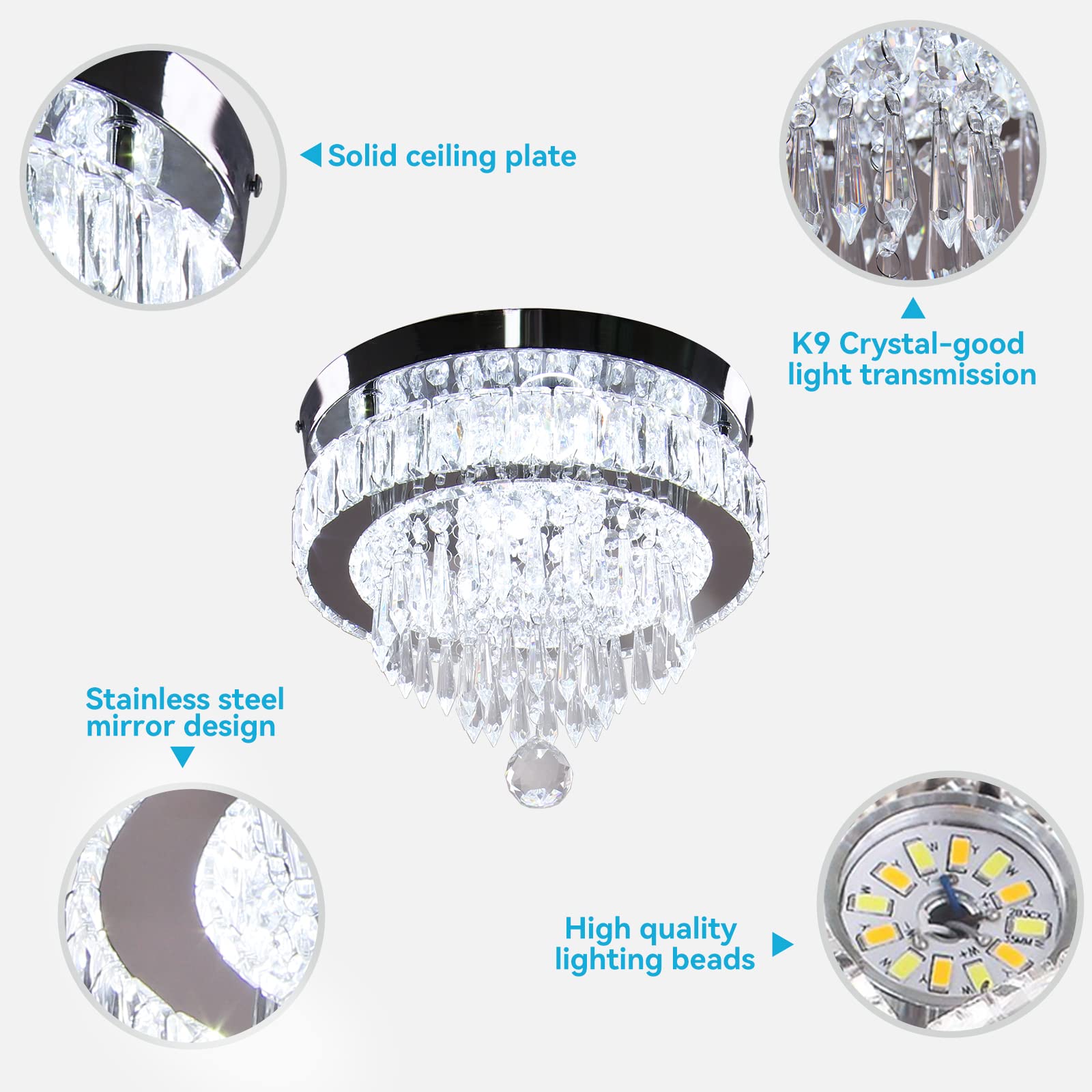 11.8" Crystal Chandelier LED Crystal Flush Mount Ceiling Light Modern Crystal Chandeliers for Bedrooms Dining Room Hallway (6500K Cool White) Without Remote Control