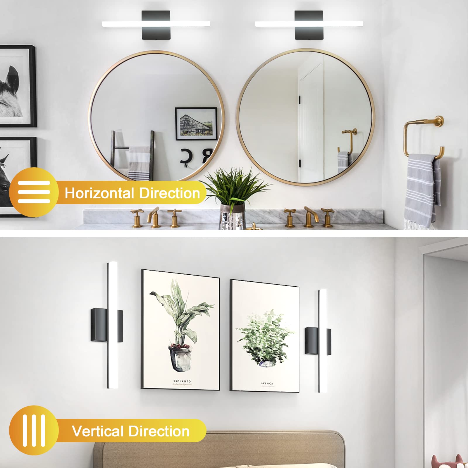 LED Bathroom Vanity Light Bar 16 Inch 9W Black IP44 Over Mirror Lighting Fixture Wall Sconce Indoor Modern Cool White 6000K