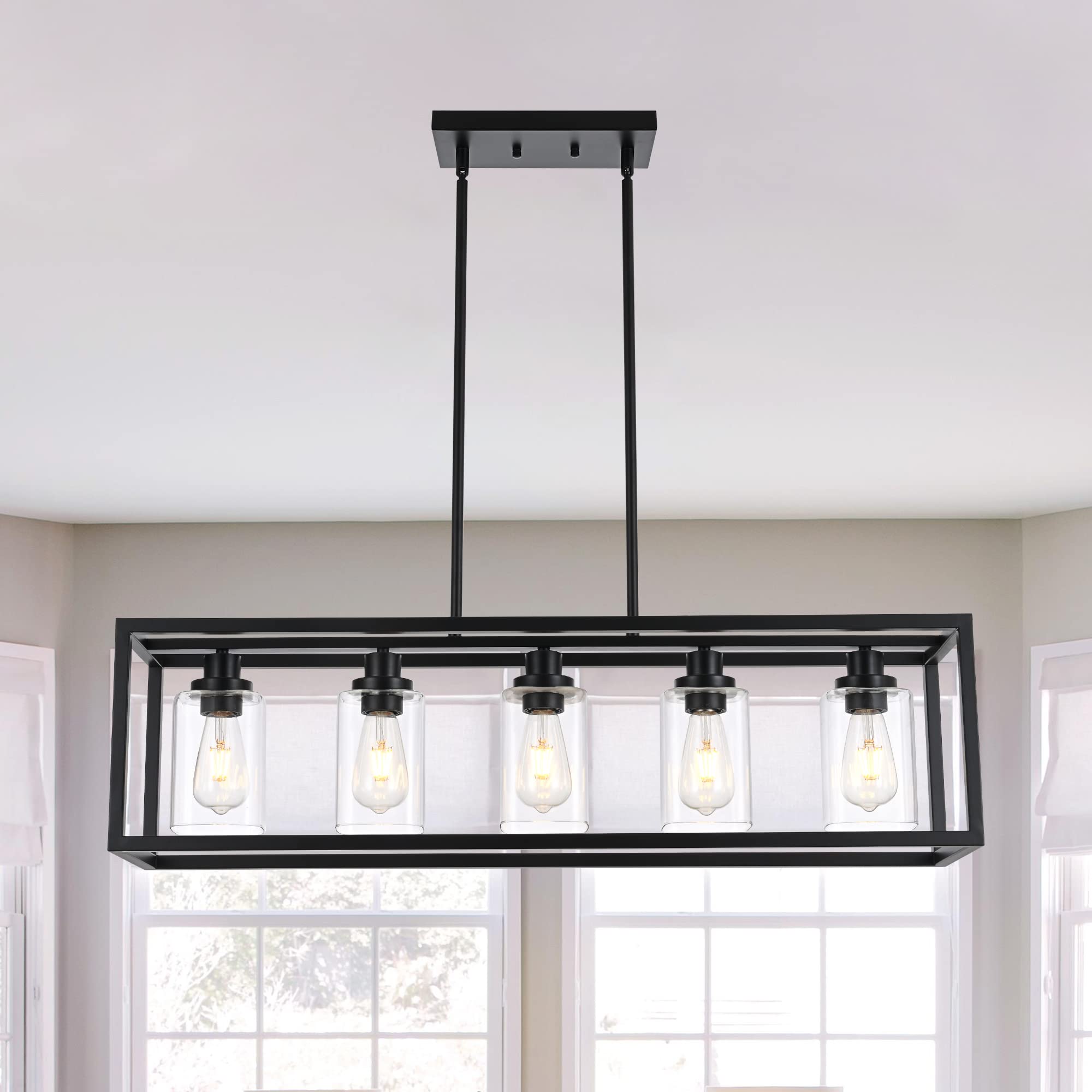 3 Light Kitchen Island Lighting Linear Chandelier Black Pendant Lighting with Rectangular Clear Glass Shade for Dining Room Bar Kitchen Pool Table, Adjustable Height