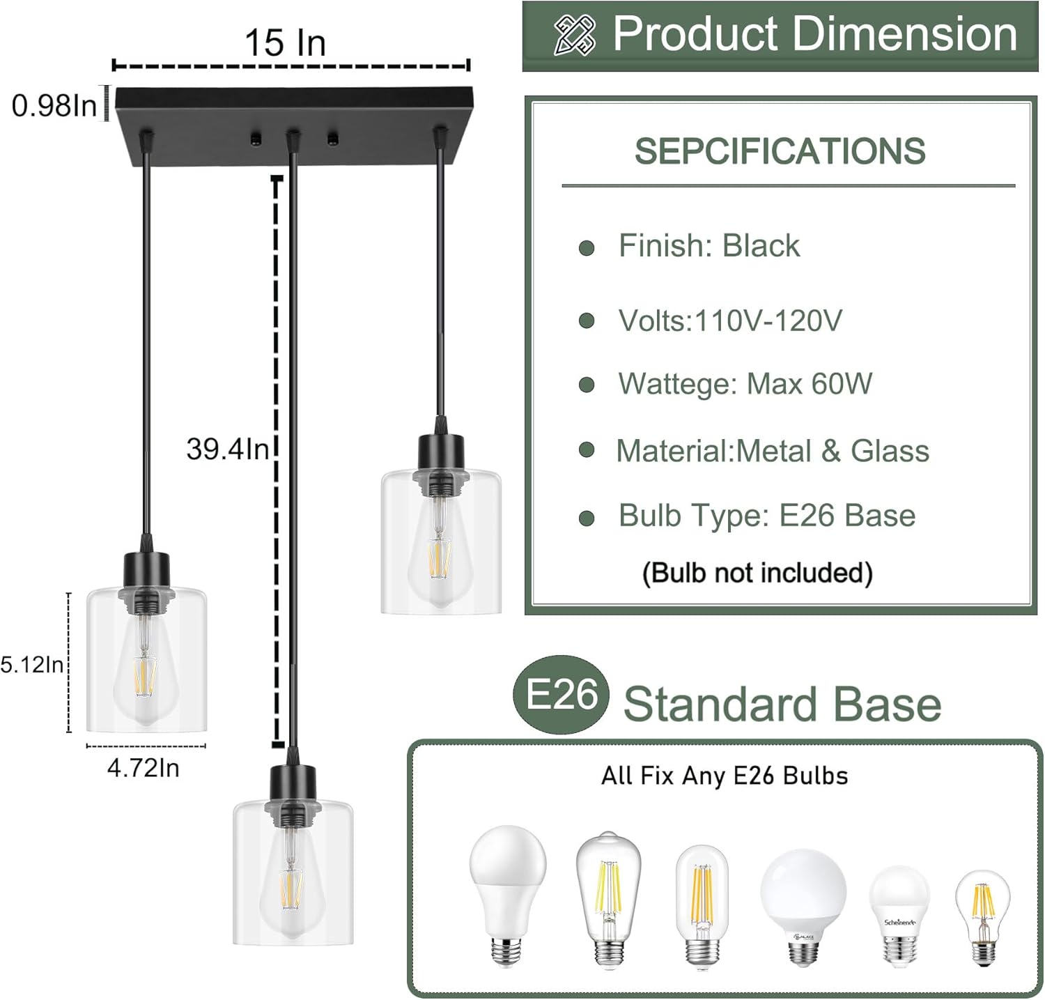 3-Light Pendant Light Fixtures with Clear Glass, Black Hanging Light Fixture for Ceiling, Adjustable Kitchen Island Light for Dinning Room, Bedroom,Hallway, E26 Base, Bulbs Not Included