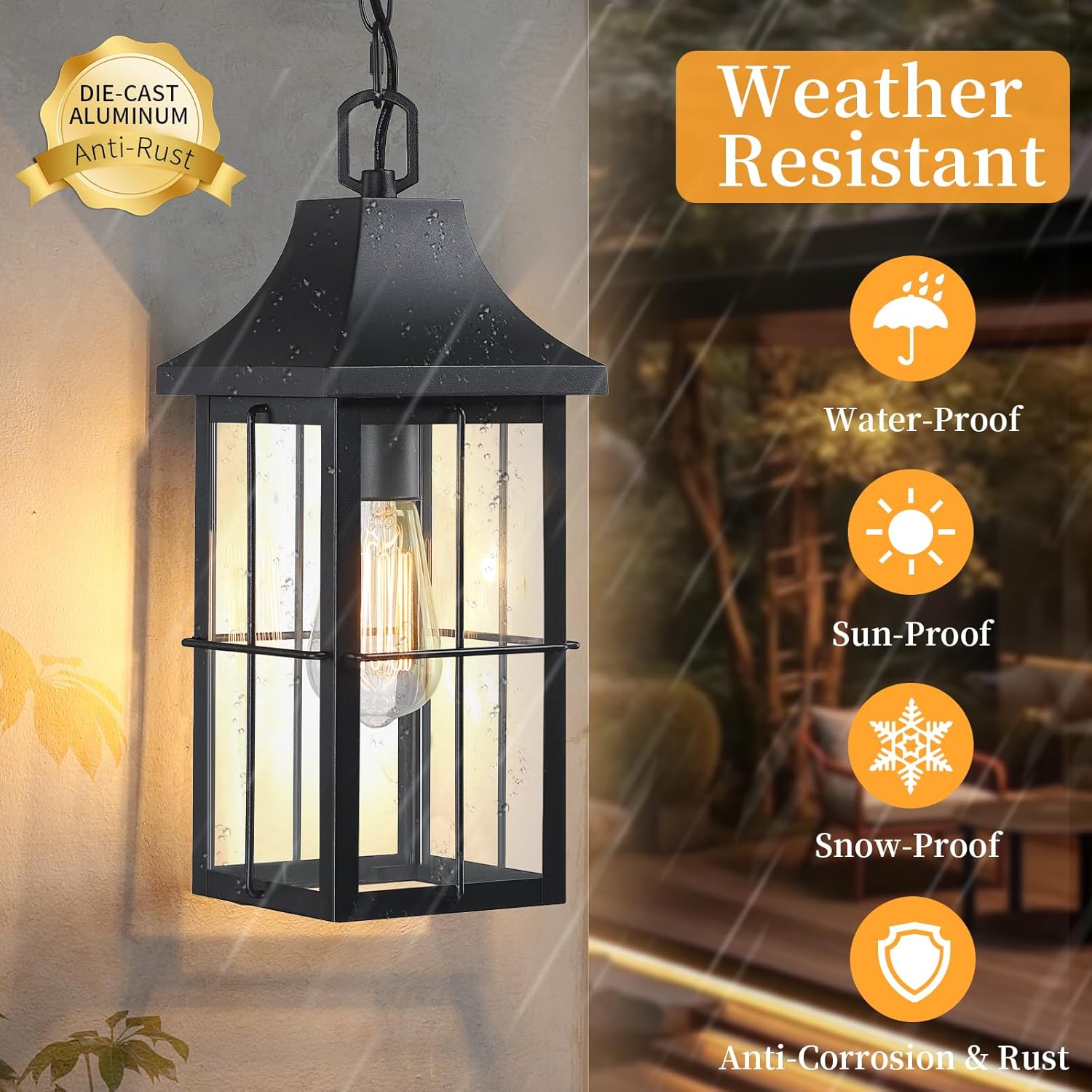 Large Outdoor Pendant Light 1 Pack, 16'' Modern Exterior Hanging Light Fixture with Clear Glass, Farmhouse Black Metal Outside Chandelier for Patio Front Porch Foyer Entryway, E26 Socket