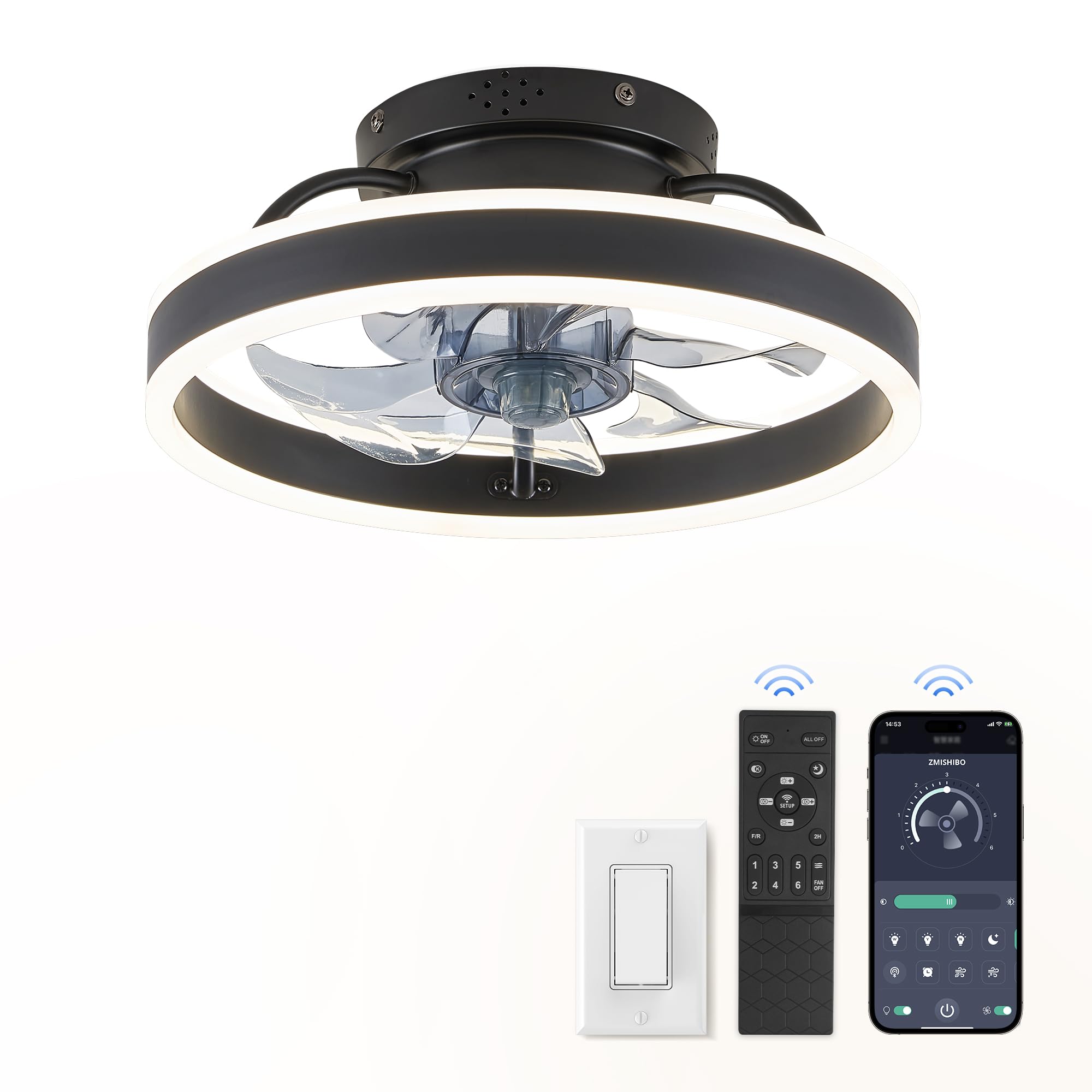 Low Profile Ceiling Fans with Lights and Remote, Modern Flush Mount Ceiling Fan, Dimmable Bladeless LED Small Fan Light, 13 Inch Fandelier Ceiling Fan with Light for Bedroom, Black