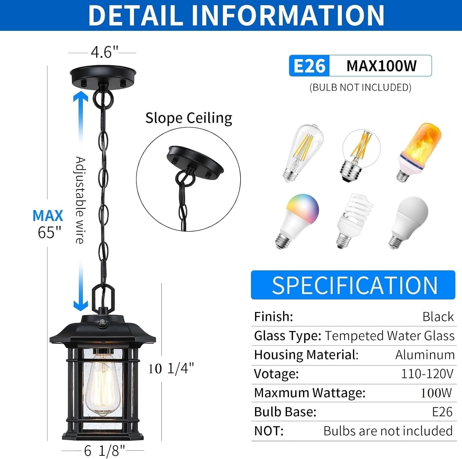 Outdoor Pendant Lights for Porch 10.25'', Black Exterior Hanging Lanterns Outdoor, Farmhouse Outdoor Ceiling Light Fixture, Waterproof Tempered Seed Glass Outdoor Chandelier, 1Pack