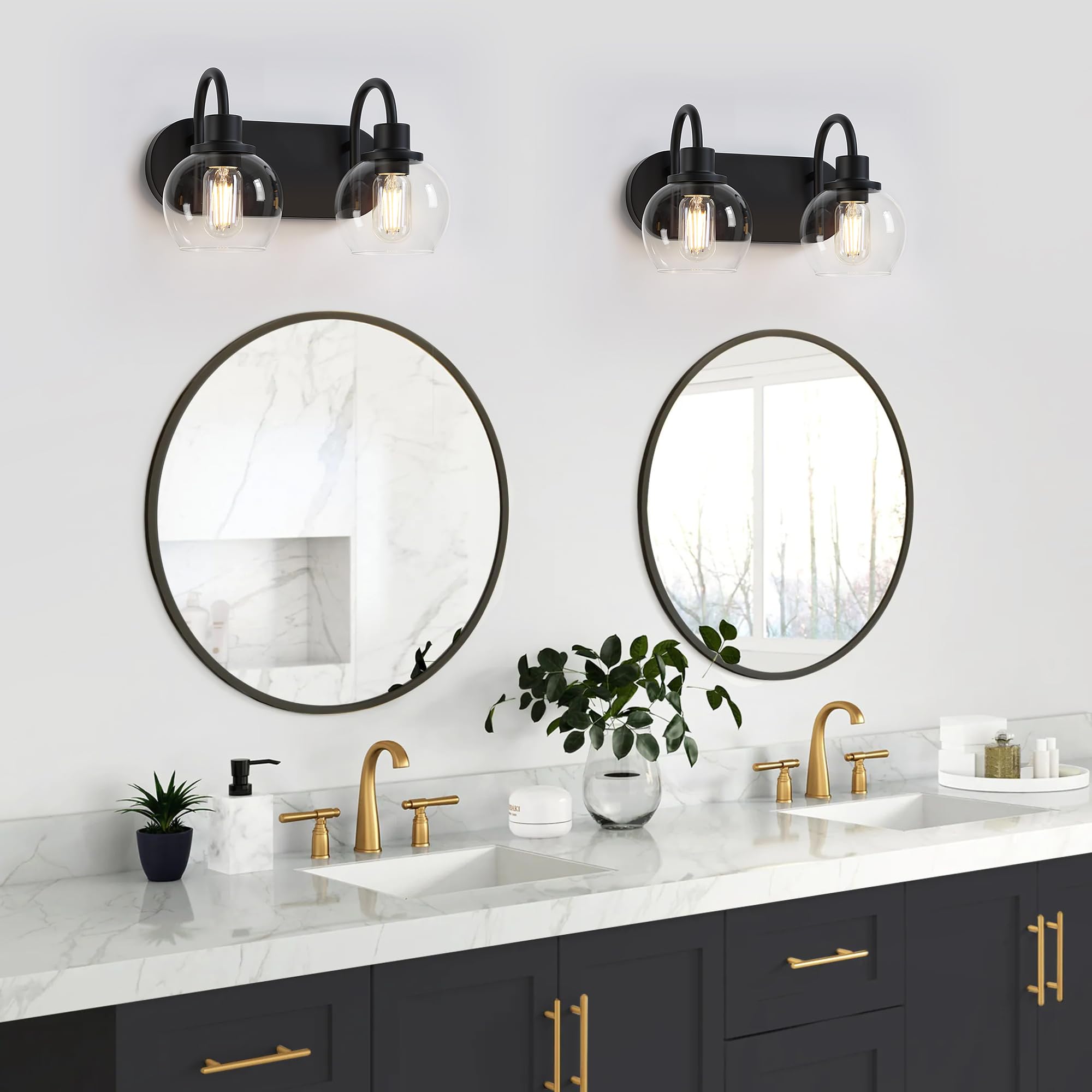 Industrial Bathroom Vanity Light， 4-Light Bathroom Lights Over Mirror with Clear Glass Globe Shade and Metal Base, Matte Black Bathroom Vanity Light Fixture