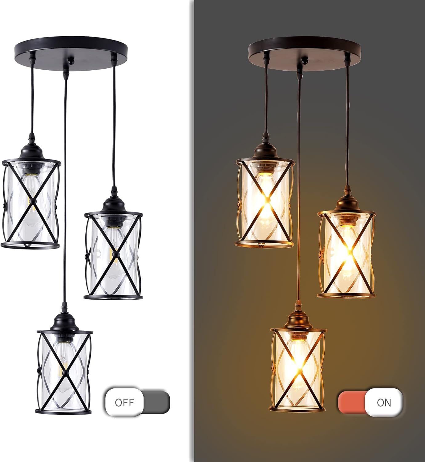 DFL Industrial Glass Pendant Light, 3-Light Black Metal Polished Glass Cover Chandelier, Pendant Light Fixture for Restaurants, Kitchens, Bars, Hallways, Galleries, E26 Base, Bulb Not Included