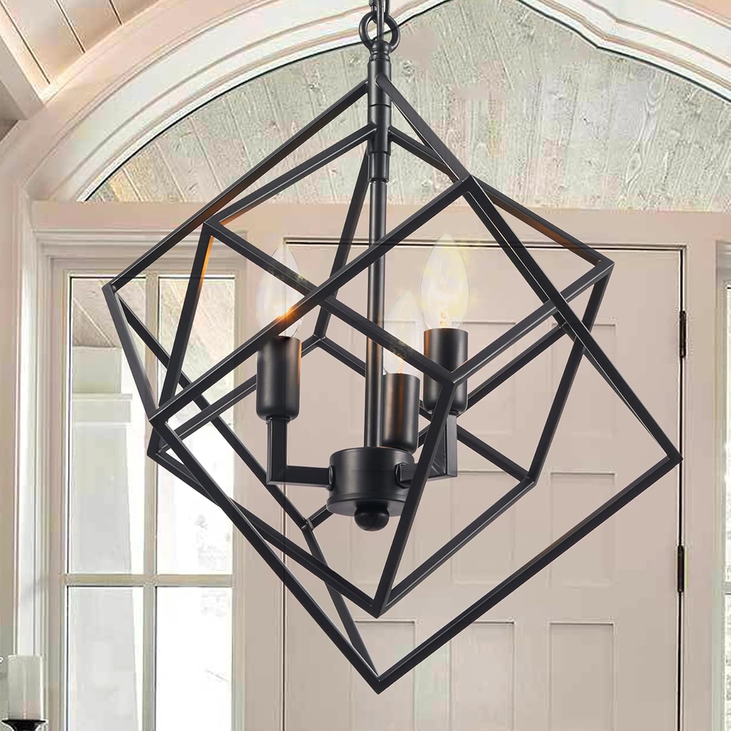 Modern Chandelier Light Fixture Geometric, Industrial Black Chandelier Dining Room Lighting Fixtures, Farmhouse Lantern Ceiling Hanging Light Fixture for Foyer, Entryway, Kitchen Island