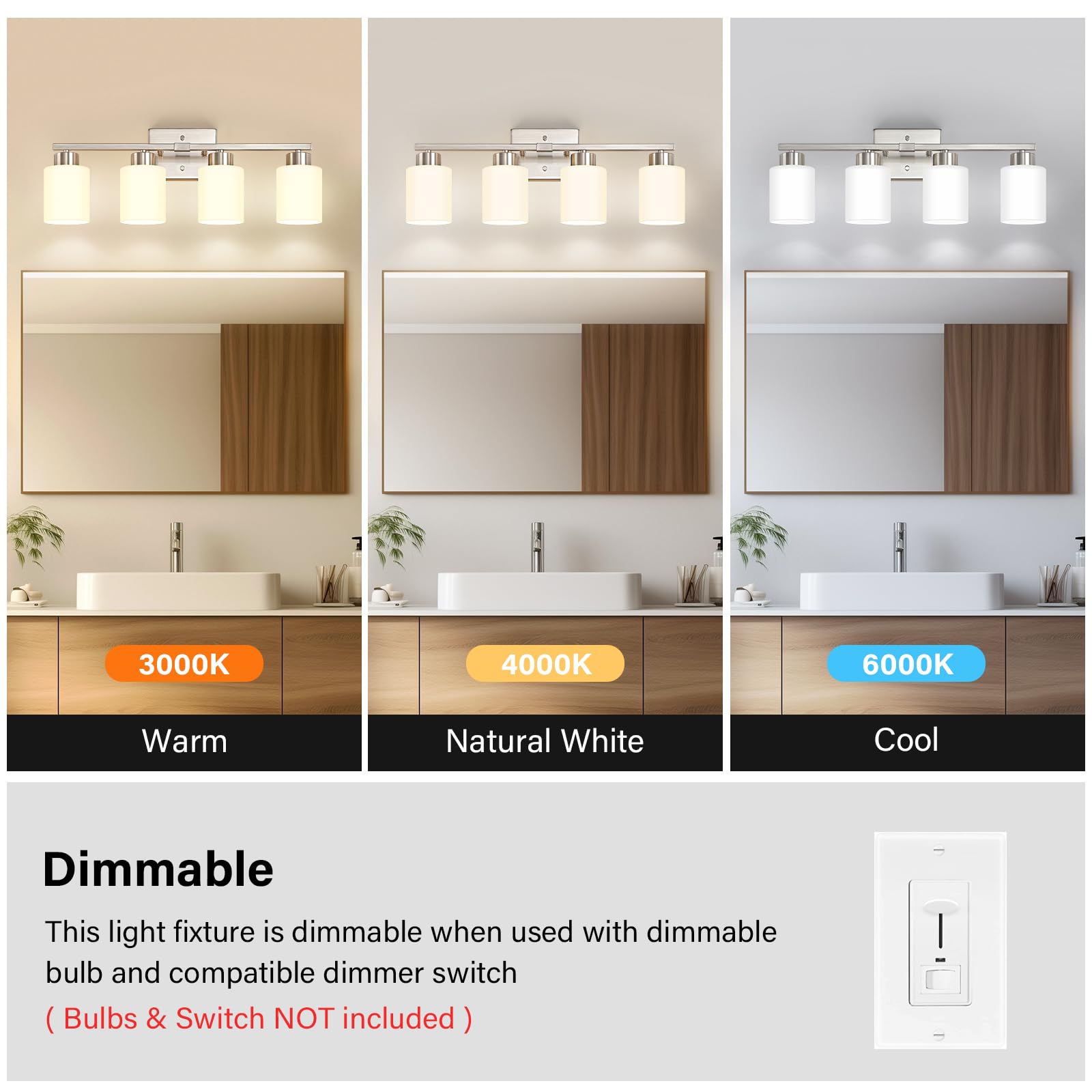 Brushed Nickel Bathroom Light Fixtures, 3-Light Modern Vanity Light Over Mirror, Wall Sconces with Milky White Frosted Glass Shades, E26 Socket (Bulbs Not Included)