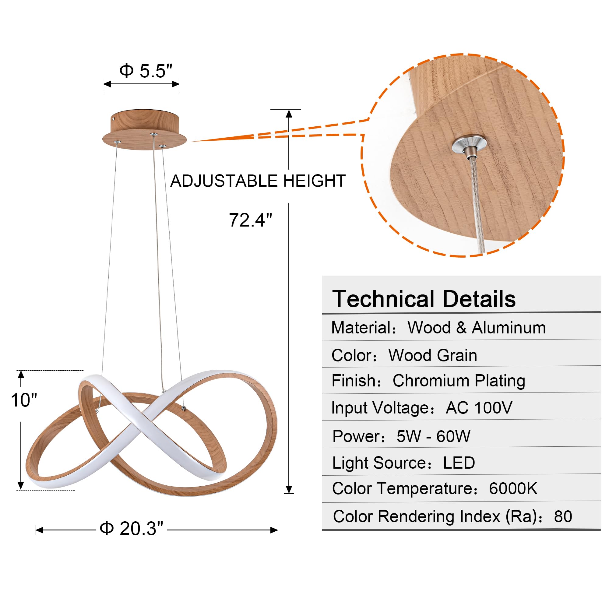 Modern LED Chandelier, LED Pendant Light in Wood Finish, Adjustable Height Chandeliers with Irregular Ring, Modern Chandeliers for Dining Room Kitchen Island Living Room Bedroom, 6000K Daylight