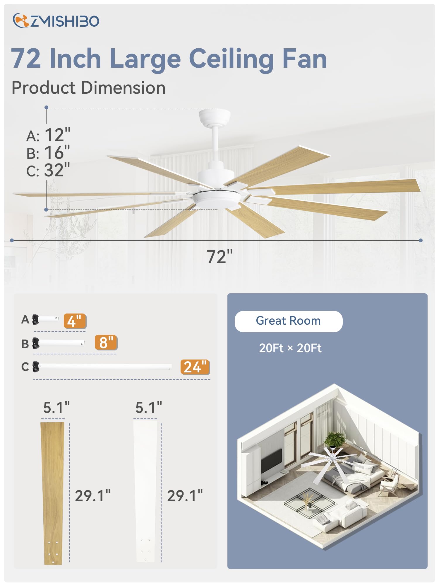 72 inch Oil Rubbed Bronze Ceiling Fans with Lights and Remote, Indoor/Outdoor Farmhouse Ceiling Fan for Living Room Patio, 6 Speed Reversible Quiet DC Motor, 3CCT, Dual Finish Blades