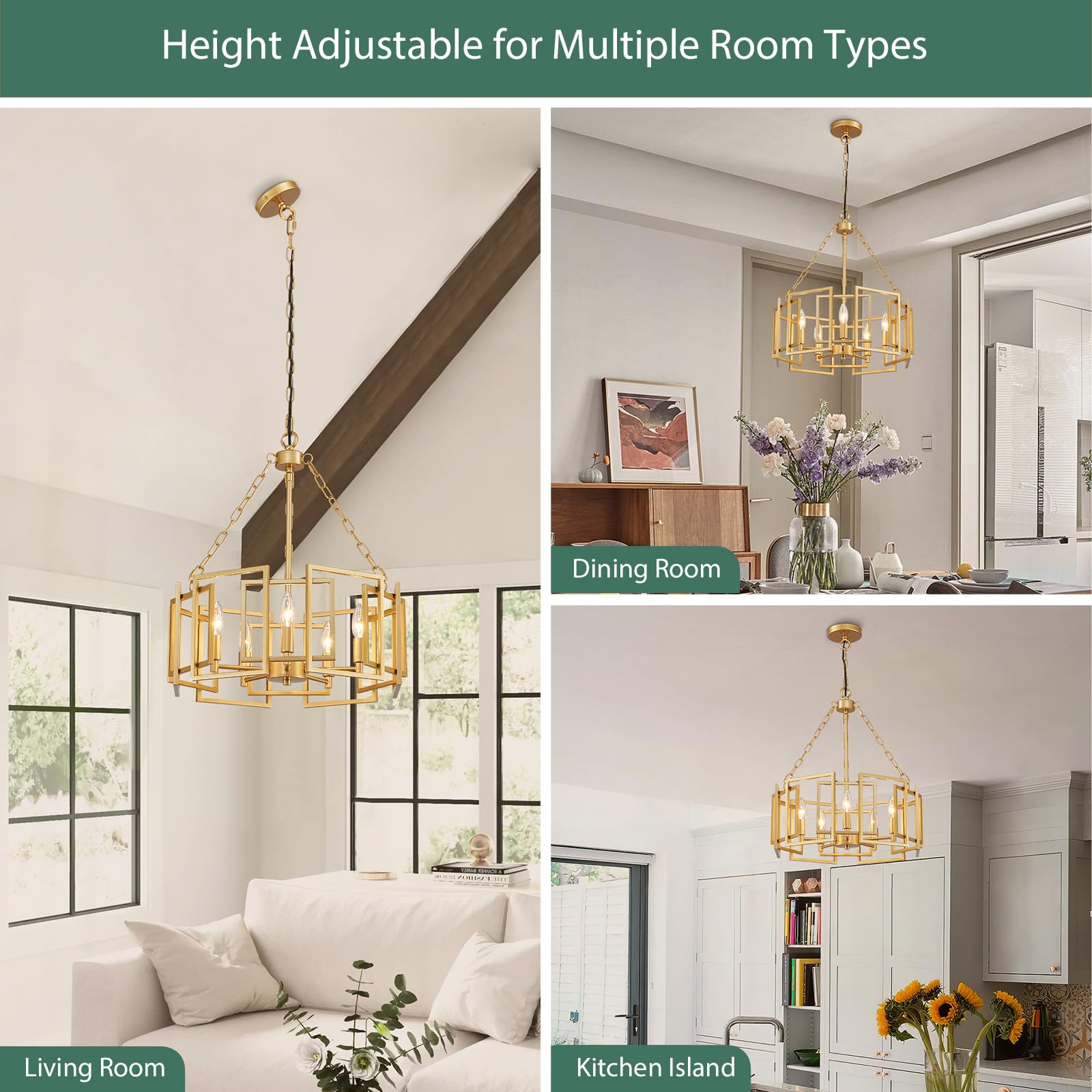 Gold Chandelier 5-Light Modern Kitchen Island Lighting Fixtures, Farmhouse Pendant Light 20 inches Retro Height Adjustable Ceiling Light for Dining Room, Bedroom, Living Room,Foyer