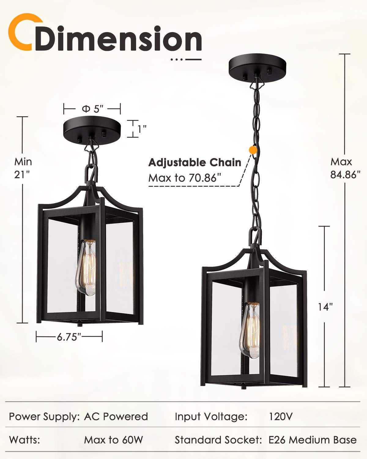 Outdoor Pendant Light, 14" Large Modern Outdoor Hanging Porch Light with Adjustable Chain, Exterior Outdoor Hanging Light in Black Finish and Clear Glass, 2439/1H