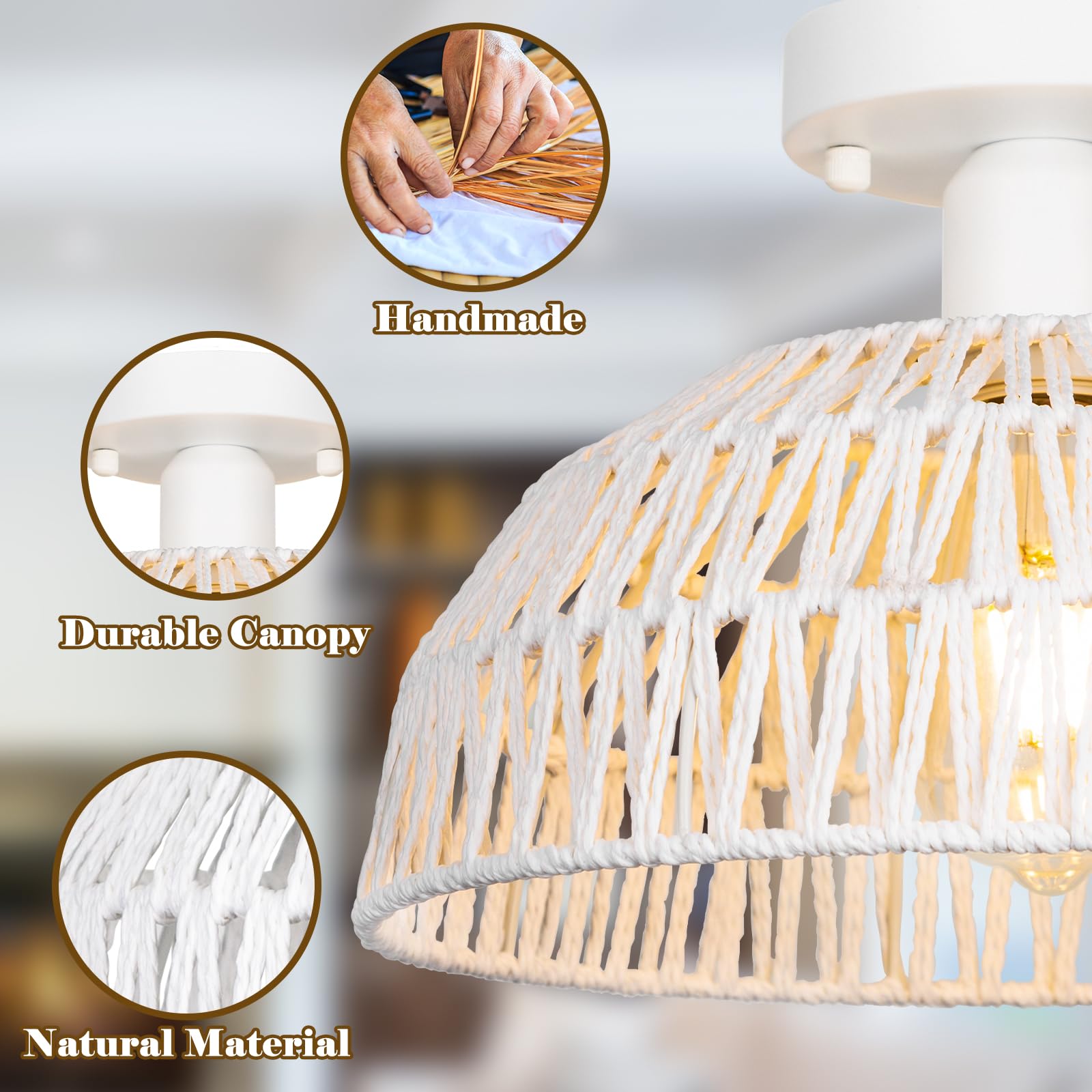 Rattan Pendant Light Fixtures 2 Packs, Boho Woven Basket Pendant Light, Handmade Wicker Hanging Lamp, Rattan Chandelier for Kitchen Island, Dining Room, Living Room, Bedroom, E26 Base