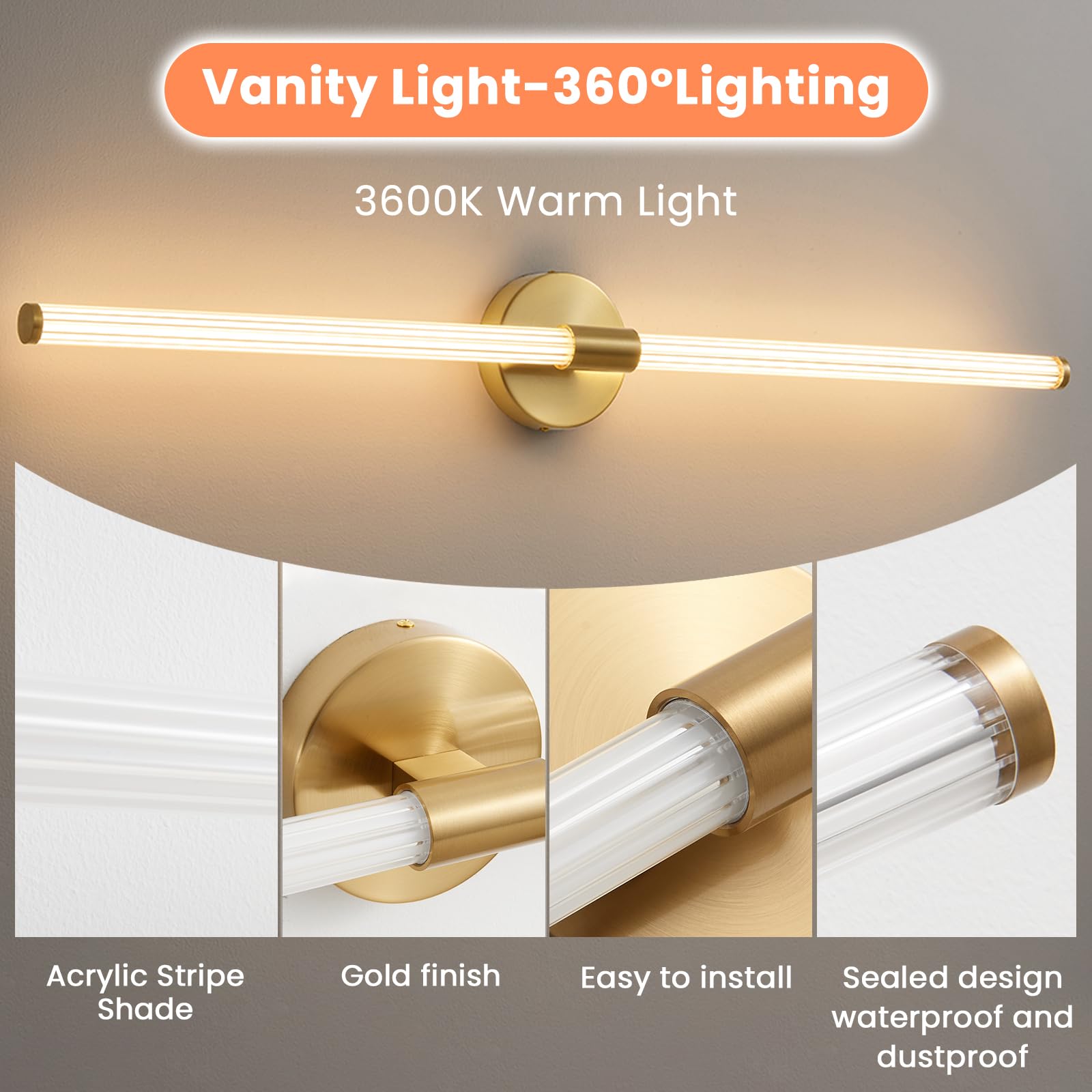 LED Bathroom Light Fixtures Gold Bathroom Vanity Lights Over Mirror 360° Full Lighting Dimmable LED 22 inch Vanity Light Bar Modern Wall Sconce Warm Light for Bedroom Living Room