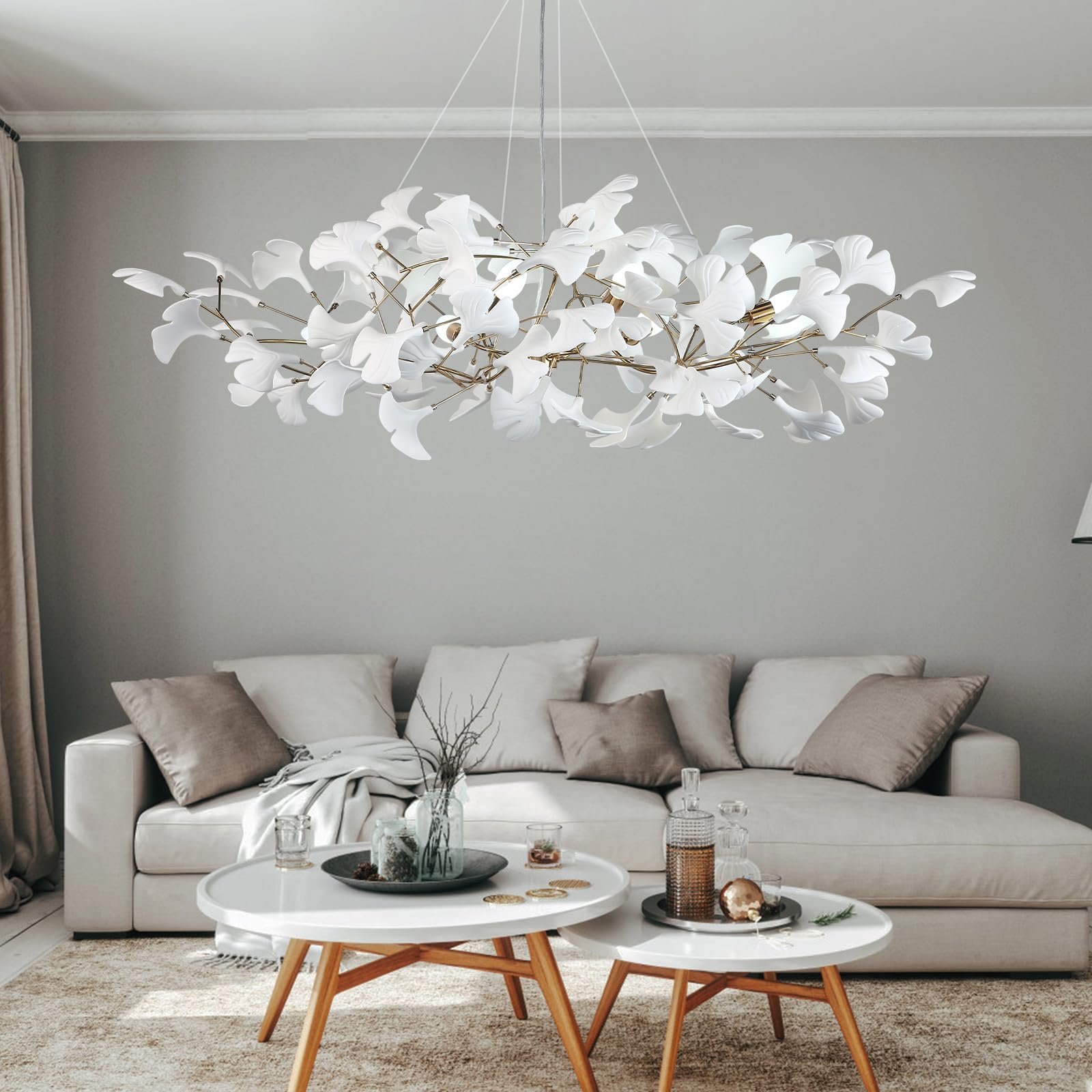 59 Inch White Rectangle Chandelier Ceramic Ginkgo Leaf Chandeliers Brass Large Chandeliers Modern Art Deco Chandelier for Dining Room Living Room,10-Light