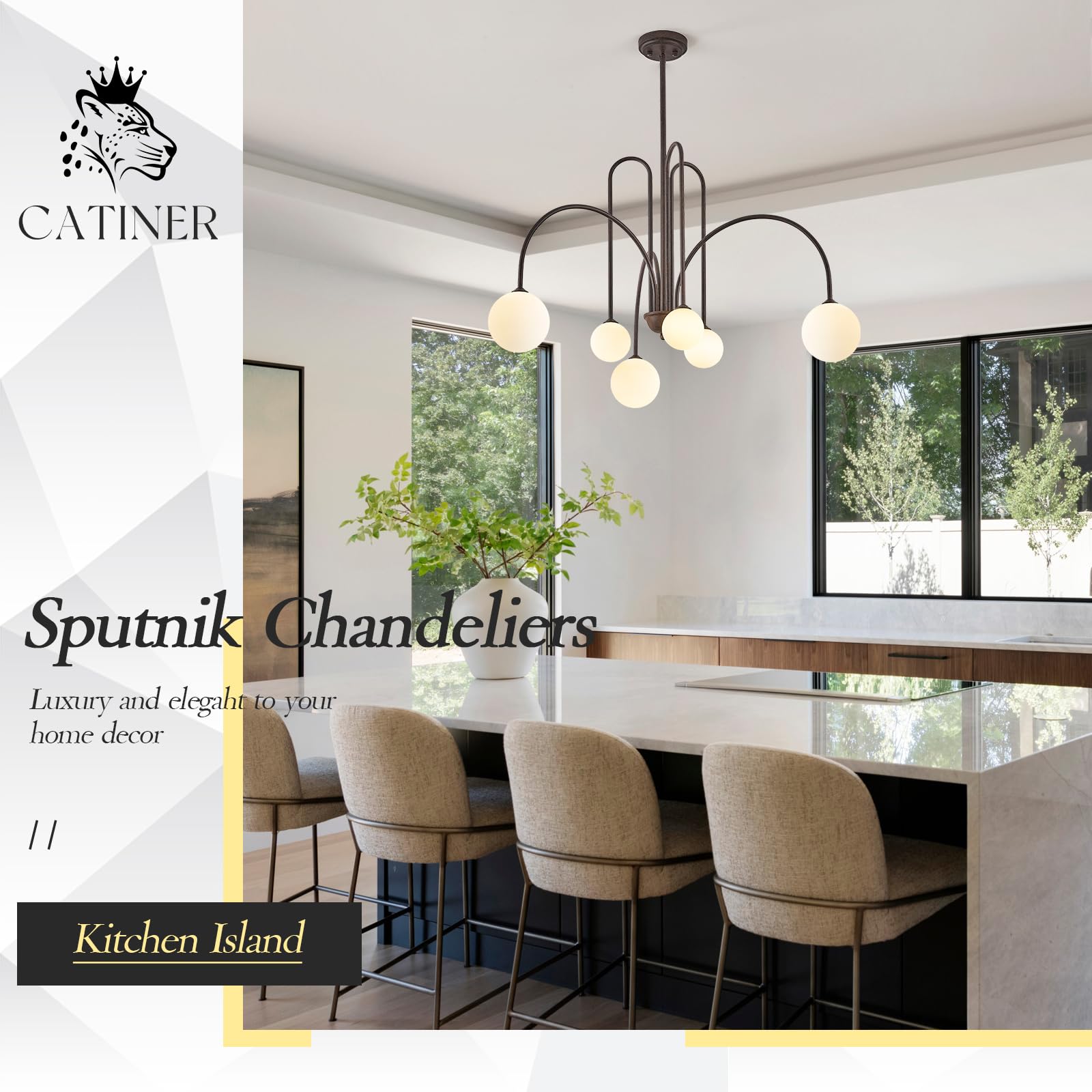 Gold Sputnik Chandeliers for Dining Room,Mid Century Crystal Glass Chandeliers 6 Lights Modern Ceiling Pendant Light Fixtures Iceberg Shape for Living Room Kitchen Island Bedroom