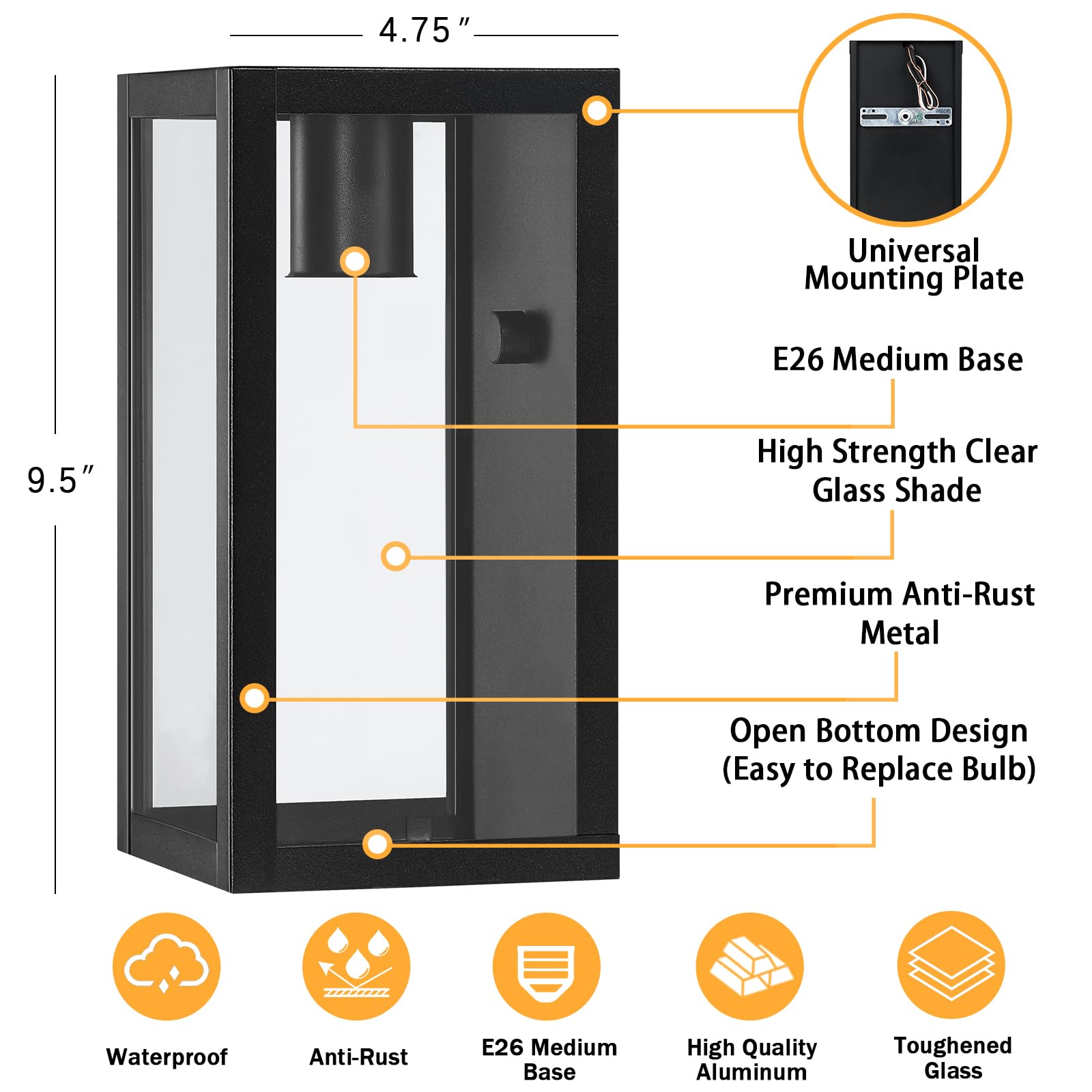 Outdoor Exterior Wall Lights for House 2Packs, 12.6'' Matte Black Rectangular Metal Frame & Clear Glass Shade, Waterproof Outdoor Garage Lights Patio Wall Sconce Porch Light, Bulb Not Included