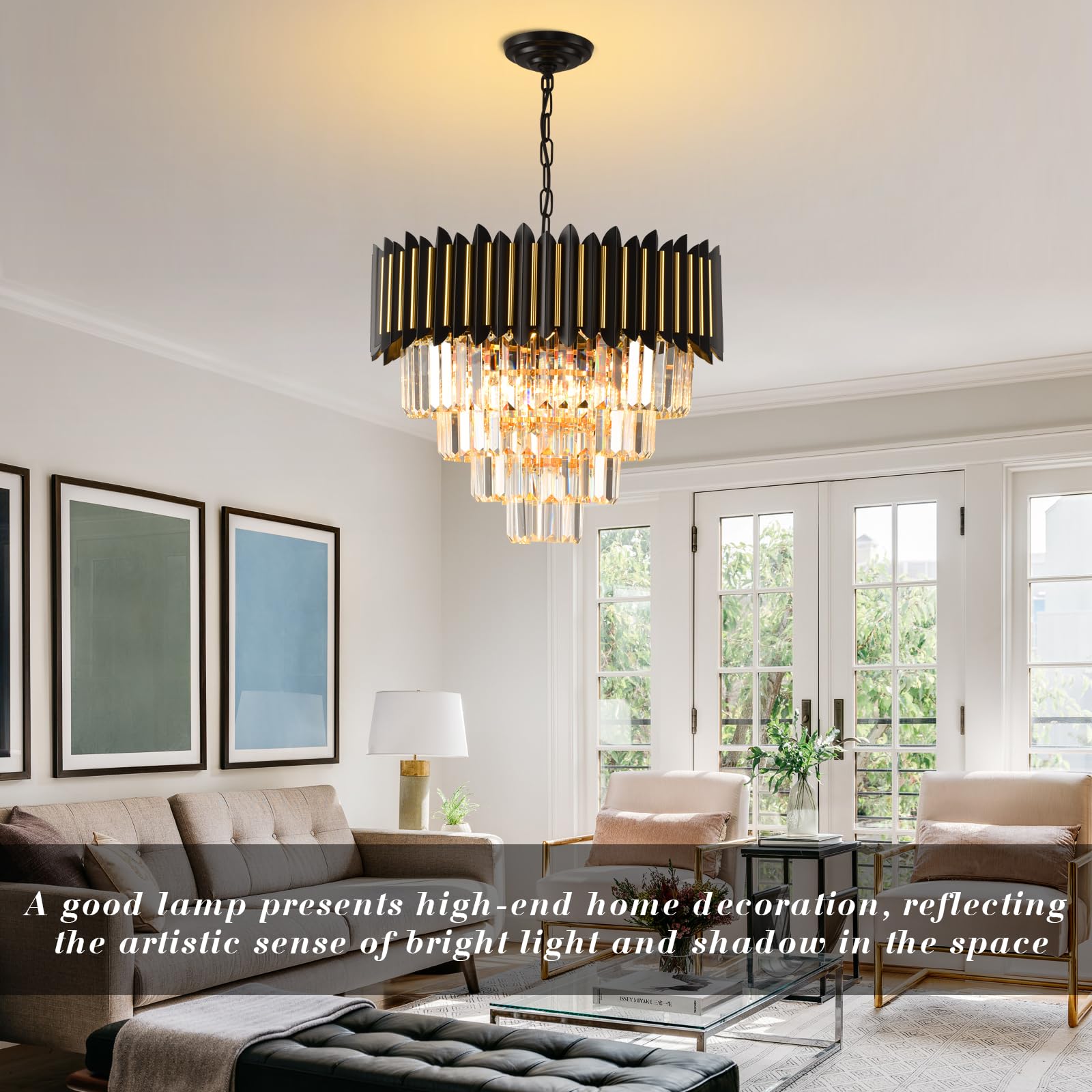 Modern Crystal Chandeliers 3 Tiers Black and Gold Chandelier Pendant Light Fixtures Round Flush Mount Chandeliers Ceiling Lighting for Living Room Dining Room Foyer Bedroom Entryway Kitchen W16in