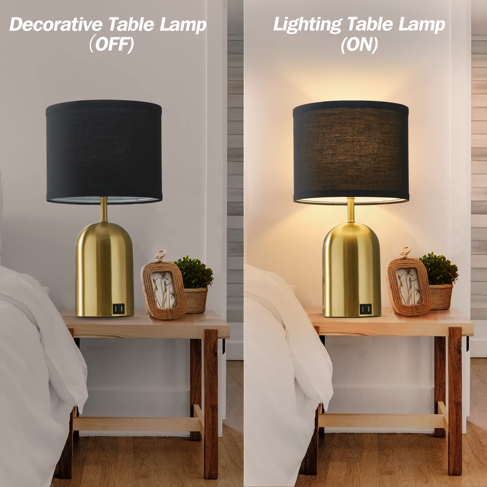 Touch Control Table Lamps Set of 2, Bedside Table Lamps for Bedrooms Set of 2 Modern Living Room 3 Way Dimmable Gold Bedside Lamp for End Table with 2 USB Charging Ports, 2 Bulbs Included