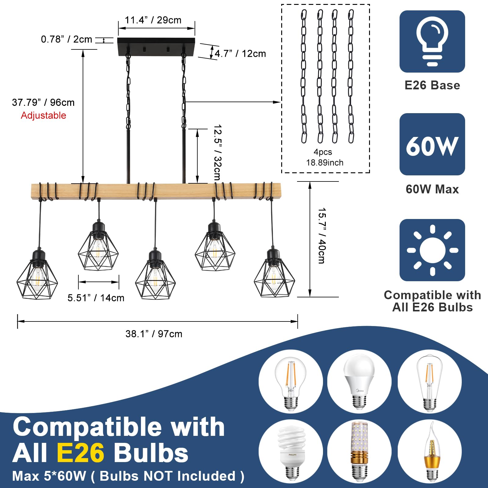 5-Light Kitchen Island Lighting,Modern Chandelier Over Table, Dining Room Light Fixture Hanging for Modern Farmhouse Linear Chandeliers Black Rustic Wood Ceiling Pendant Light Fixtures