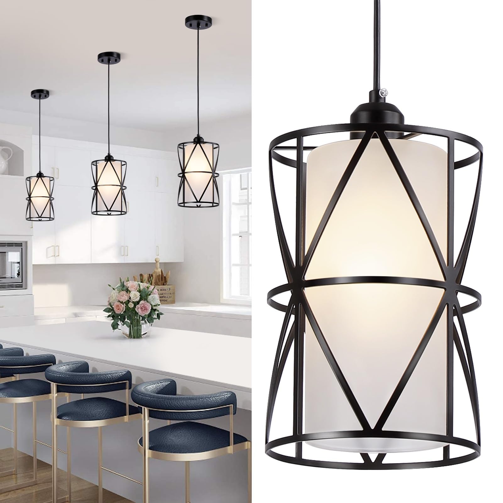 Modern Pendant Lights with Frosted Glass, Brushed Nickel Pendant Light Fixtures, Cylindrical Pendant Lighting for Kitchen Island, Kitchen Hanging Lights Over Island, Foyer, Dining Room, Entryway