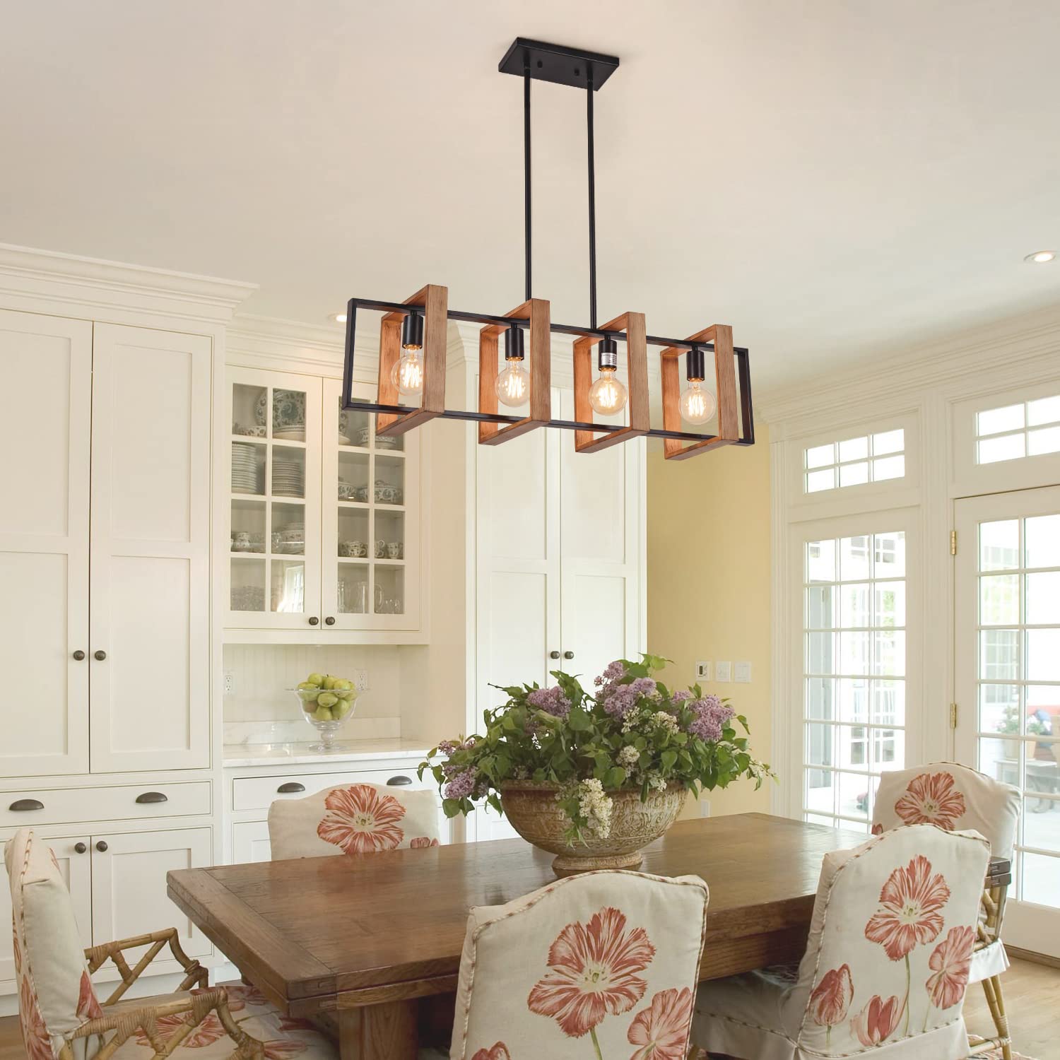 Farmhouse Kitchen Island Lighting Black Chandeliers for Dining Room Wooden Island Lights,Industrial Rectangle Light Fixtures Ceiling Hanging (4 Lights)