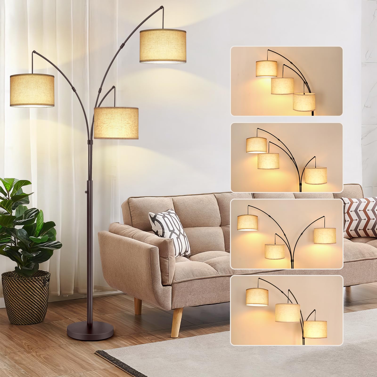 Arc Led Floor Lamp, Modern Black 3 Light Arched Tall Floor Lamp for Bedroom, 2400lm Mid Century Adjustable Standing Corner Lamps for Living Room Office, 3 LED Bulbs Included, Beige Lampshade