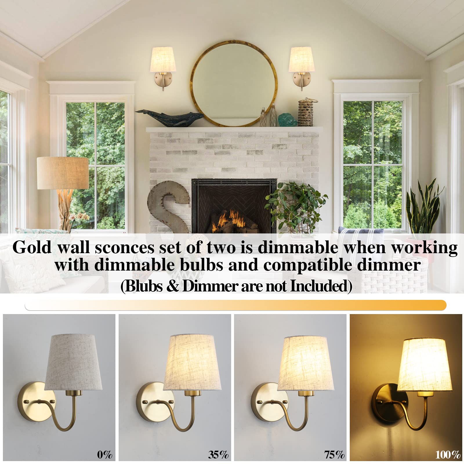 Gold Wall Sconces Set of Two, Modern Sconces Wall Lighting Vintage Wall Light Fixtures with Fabric Lampshade, Bedside Wall Lamps for Bedroom Living Room Hallway Entryway