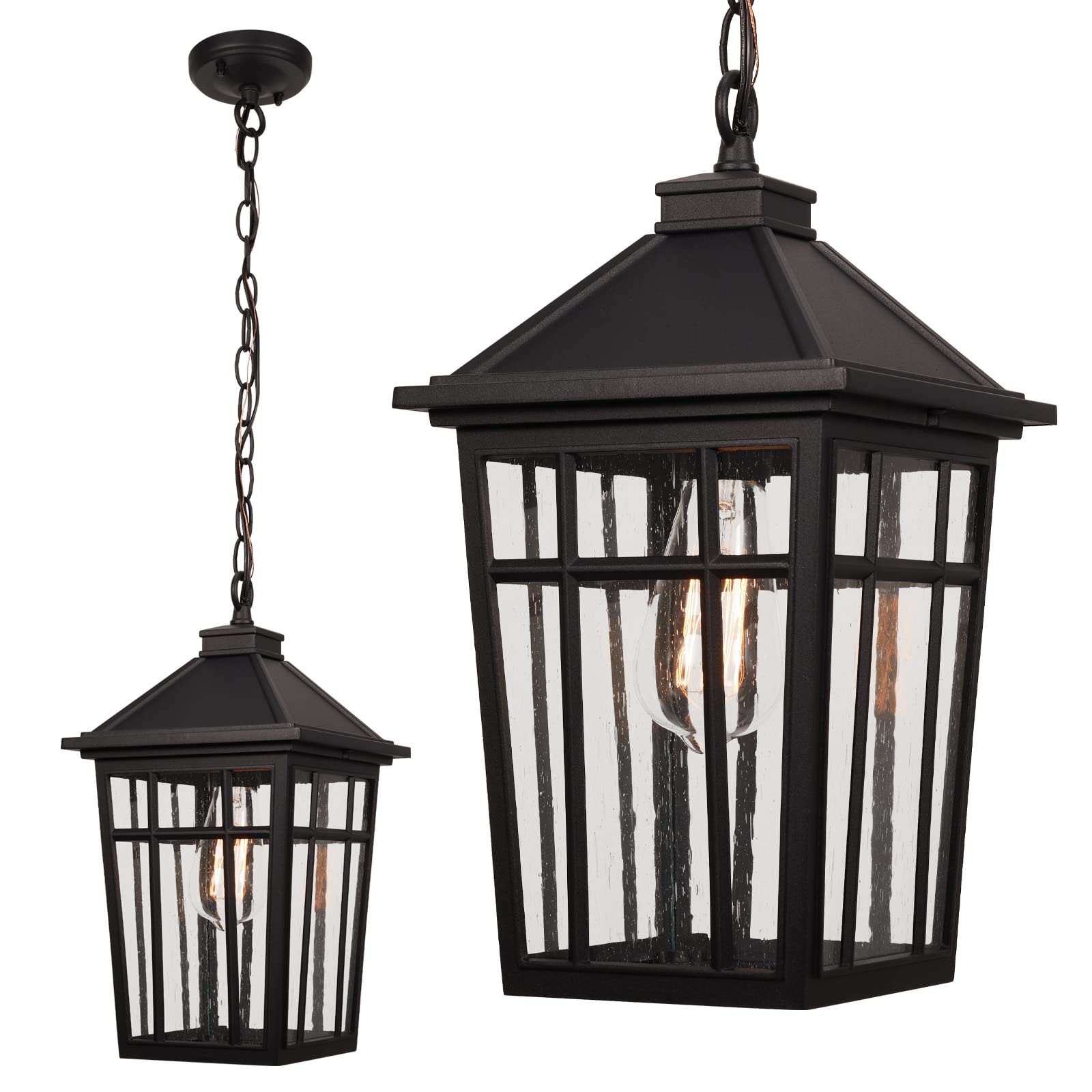 Outdoor Pendant Light Fixture, Outdoor Hanging Light Porch Lights Fixtures Anti-Rust Waterproof Aluminum with Seeded Glass for Porch Entryway Doorway Farmhouse White