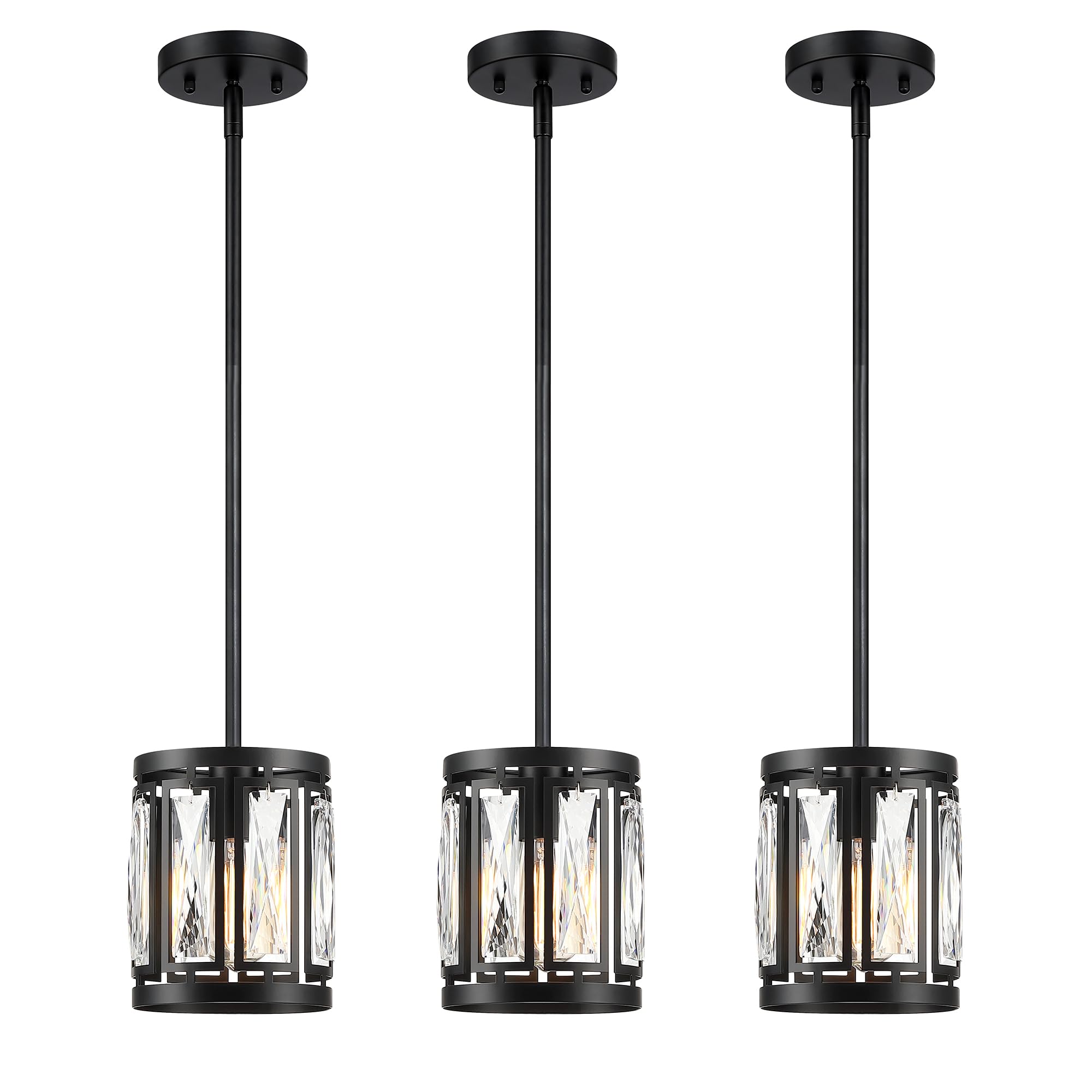 Crystal Pendant Lighting Fixture Matte Black Drum Shade Chandelier,2-Pack Pendant Lights for Kitchen Island Modern Ceiling Lights for Living Room