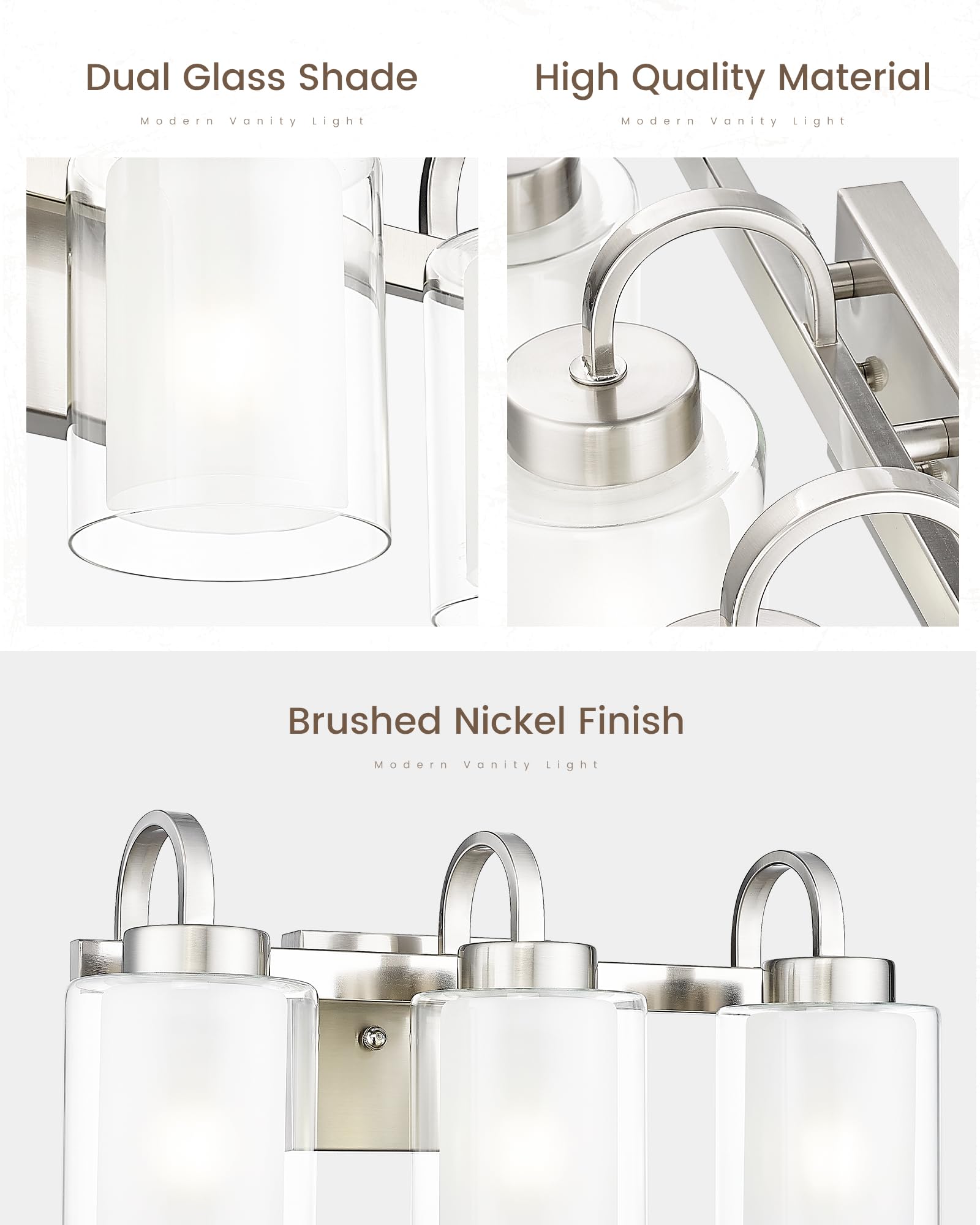 3-Light Bathroom Vanity Light, Brushed Nickel Vanity Light Over Mirror, Farmhouse Wall Sconces with Dual Glass Shade, Modern Wall Lamp for Bathroom Hallway Living Room