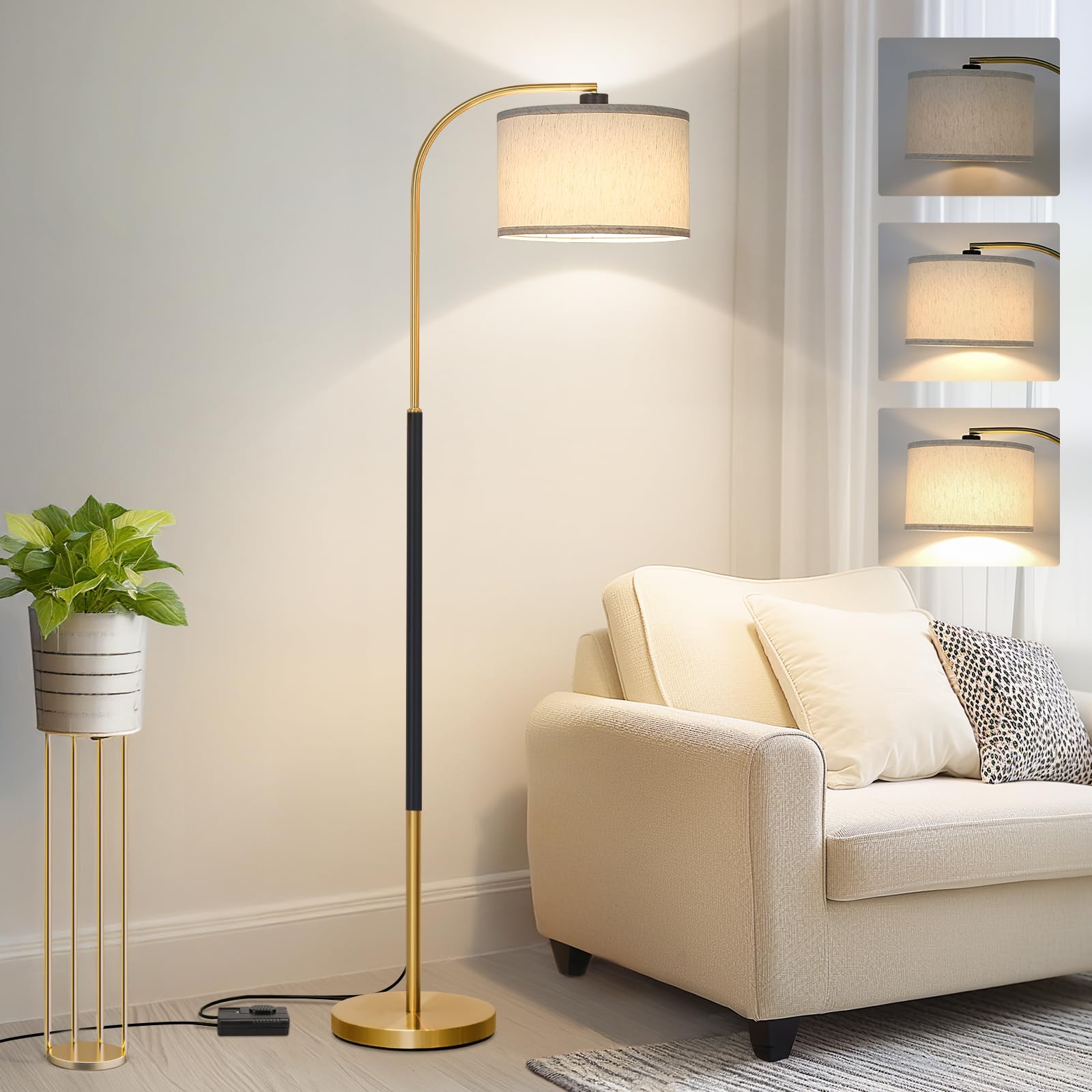 LED Floor Lamp Fully Dimmable Modern Standing Lamp Arc Floor Lamp with Adjustable Drum Shade, Gold Tall Pole Reading Lamp Corner Light for Living Room Bedroom Study Room, Bulb Included