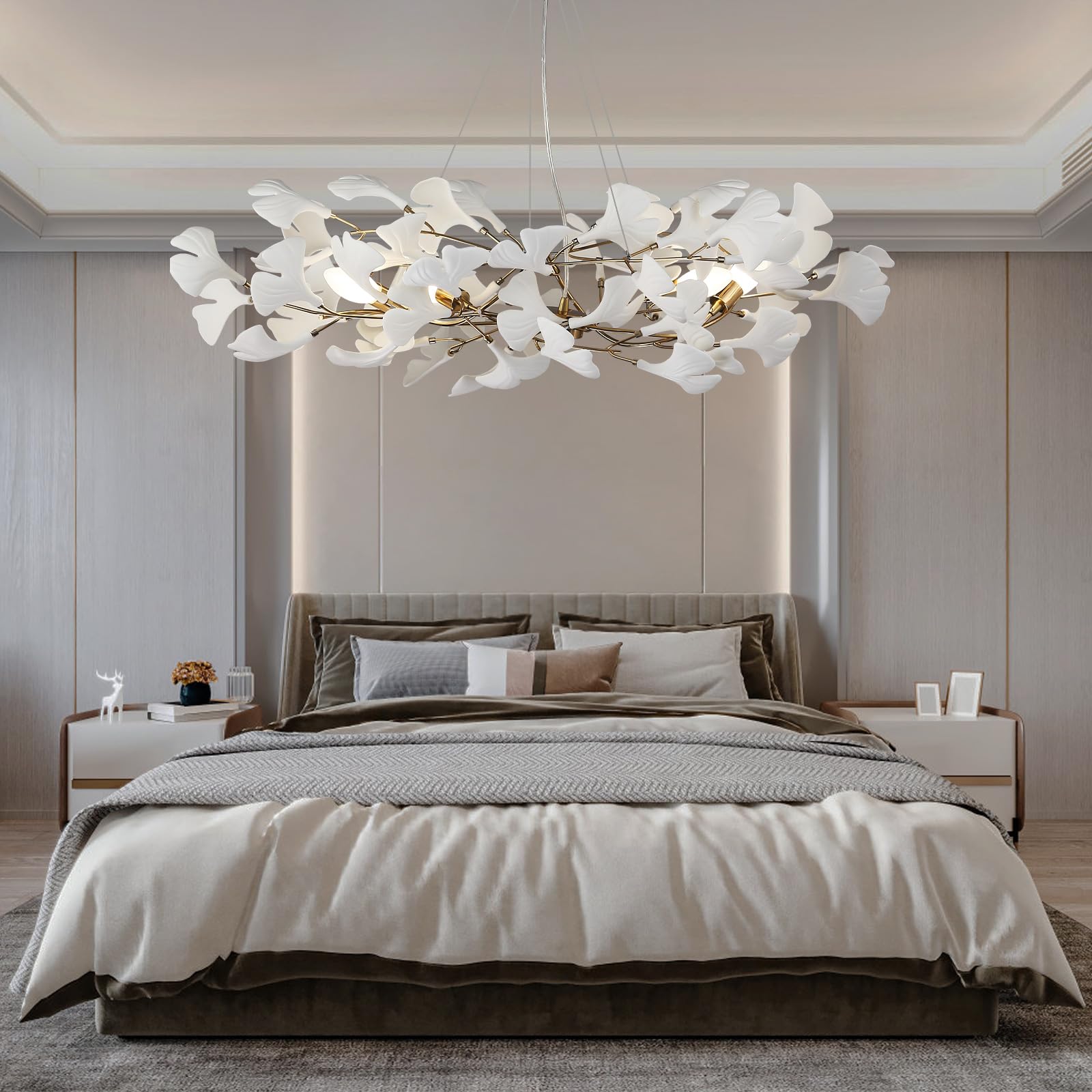 59 Inch White Rectangle Chandelier Ceramic Ginkgo Leaf Chandeliers Brass Large Chandeliers Modern Art Deco Chandelier for Dining Room Living Room,10-Light