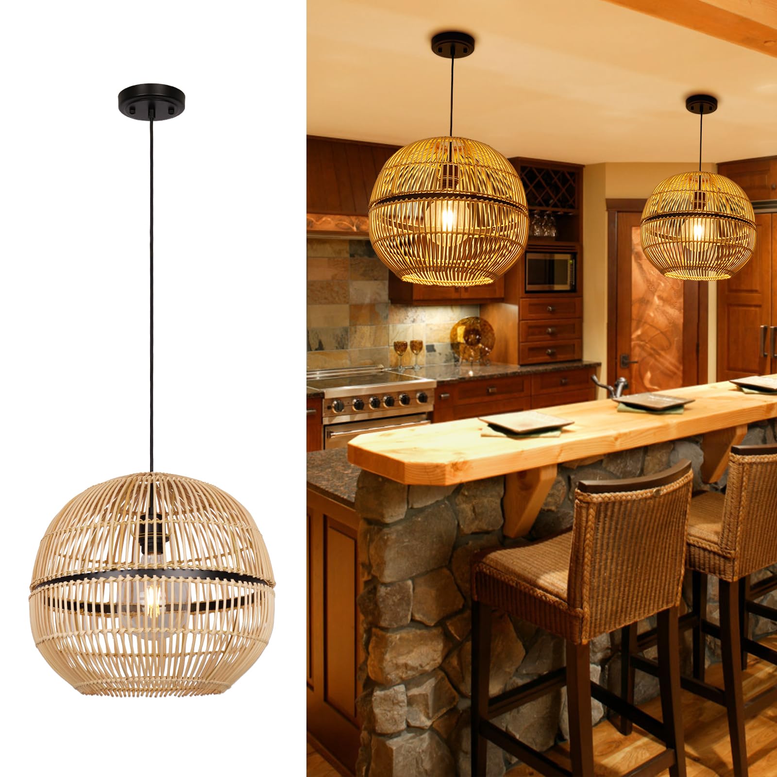 Rustic Farmhouse Bamboo Pendant Light - 18 Inch Large Dome Handwoven Ceiling Mounted Bamboo Chandelier Shades, Coastal Beach Hanging Rattan Light Fixture for Kitchen, Dining, Living Room